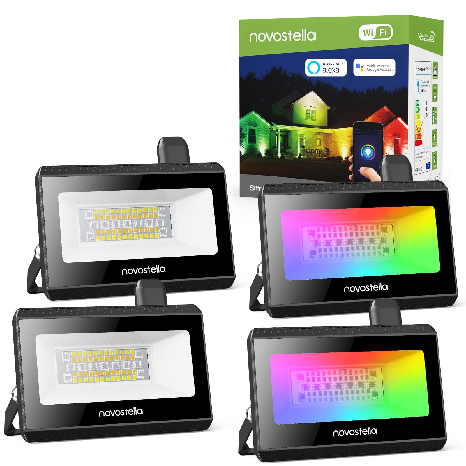 NOVOSTELLA Smart Led Flood Lights Outdoor 200w Equivalent, Halloween RGB+CW Color Changing Spotlights APP Control Stage Landscap