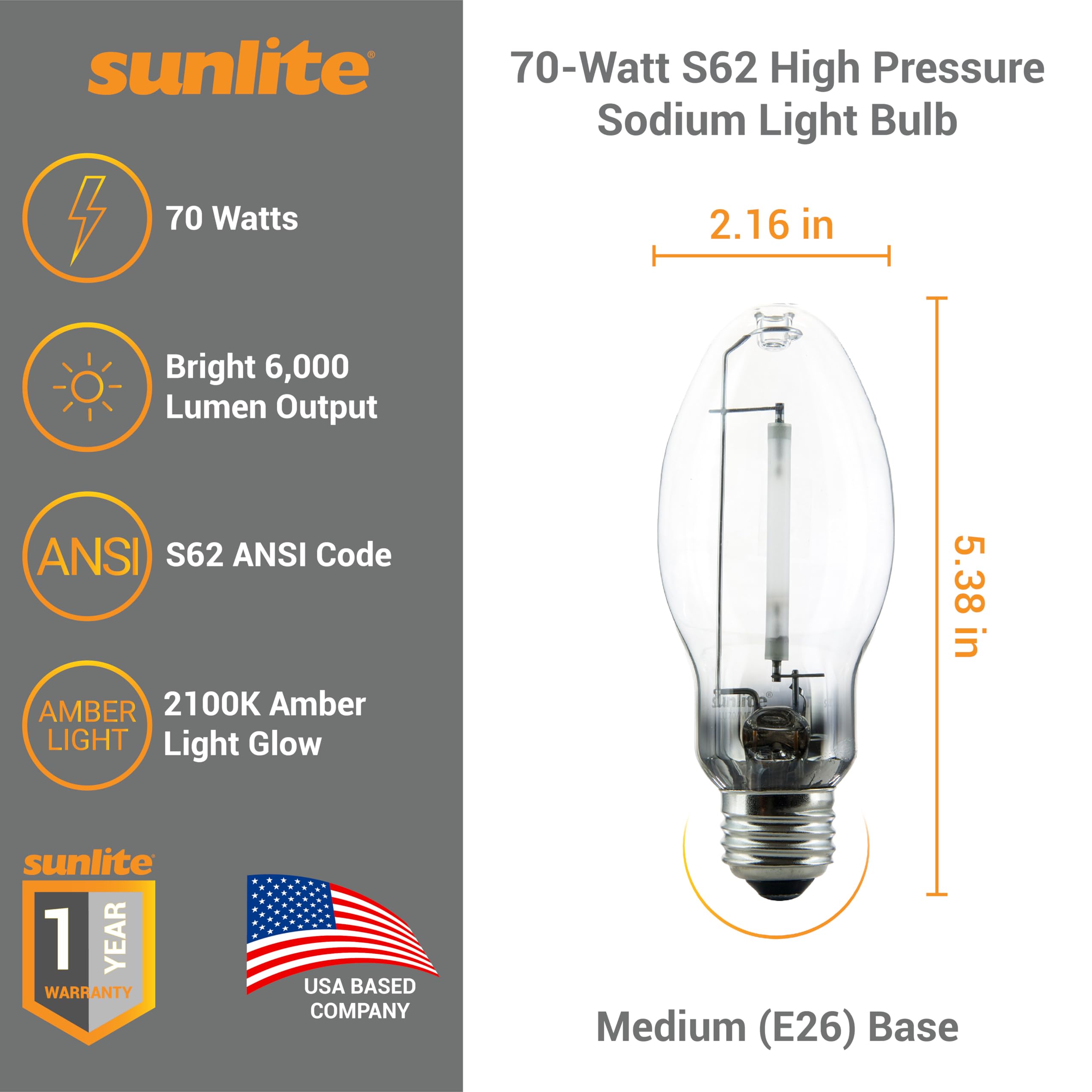 Sunlite 03610 Lu70/Med High Pressure Sodium Light Bulb, 70 Watts, Ed17/Med, Medium Base (E26), Ansi Code S62, 6000 Lumen, 24000