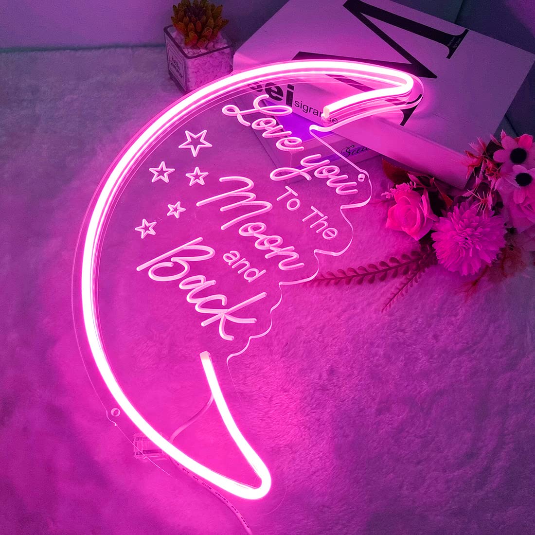 Britrio LED Moon Neon Light Sign, Pink 15.75"x10.24", USB Powered with Dimmer, Acrylic Decor for Kids' Bedroom & Parties