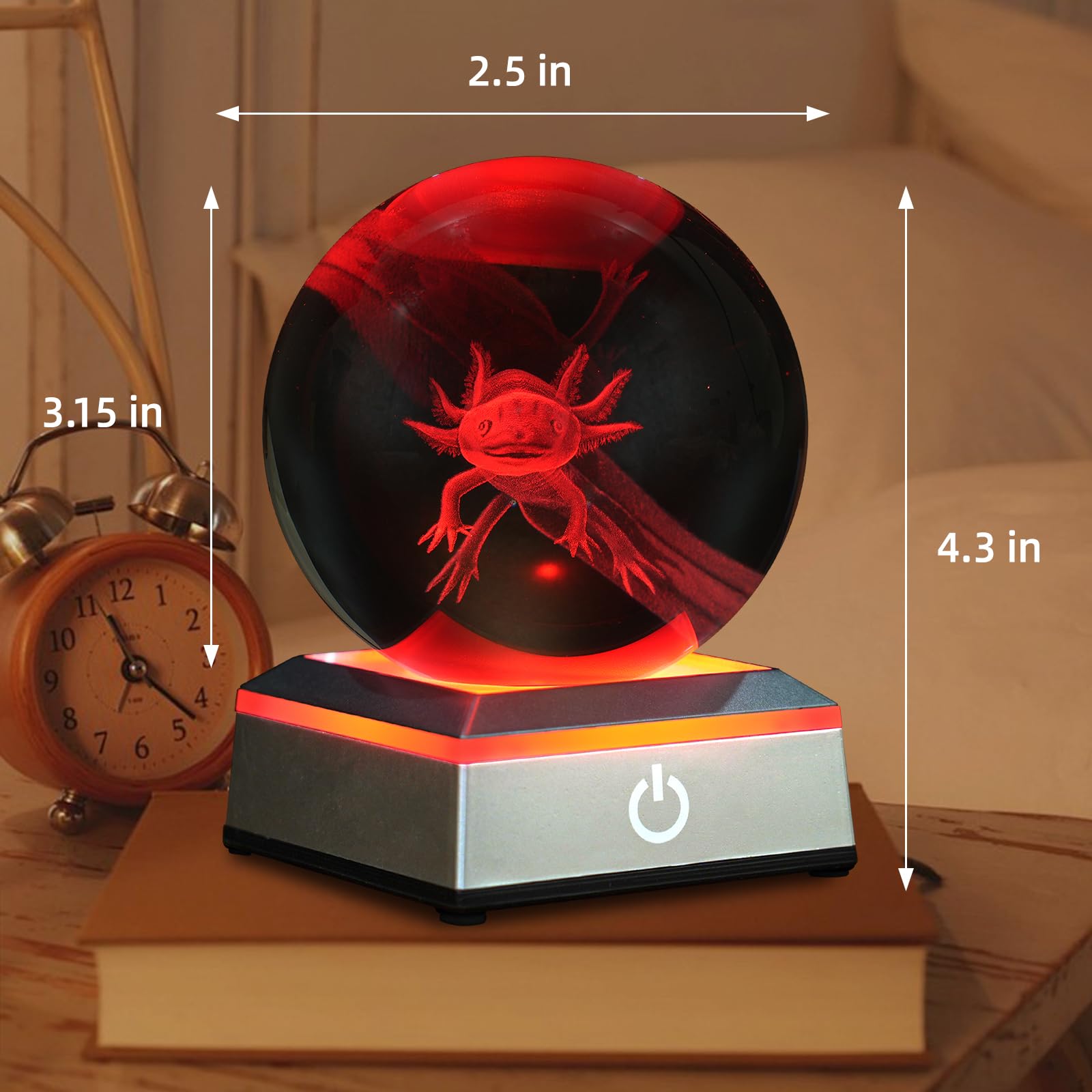 3D Axolotl Crystal Ball Night Light 3.15 Inch Glass Ball Table Lamp With Color Changing Touch Base Decor Ideal Axolotls Gifts Fo