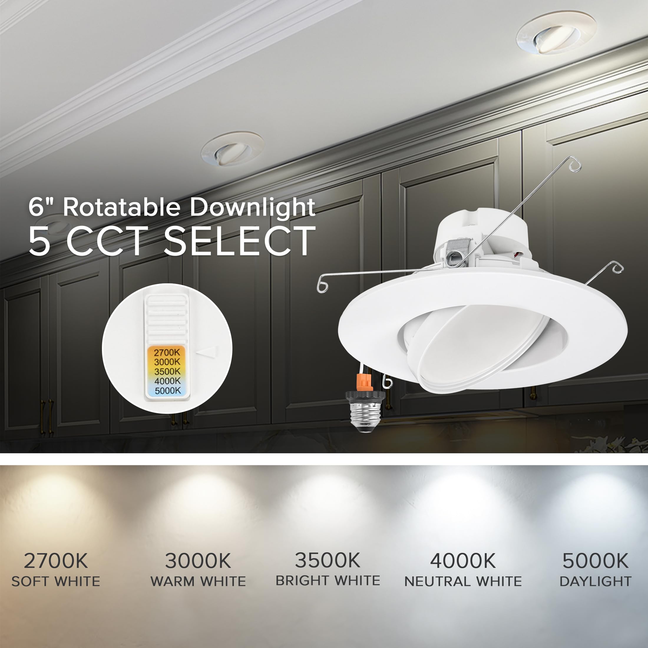 Maxxima Rotatable LED Downlight Gimbal, 1100 Lumens, Dimmable, 5 CCT, 11W, White Trim, Model MRL-611555