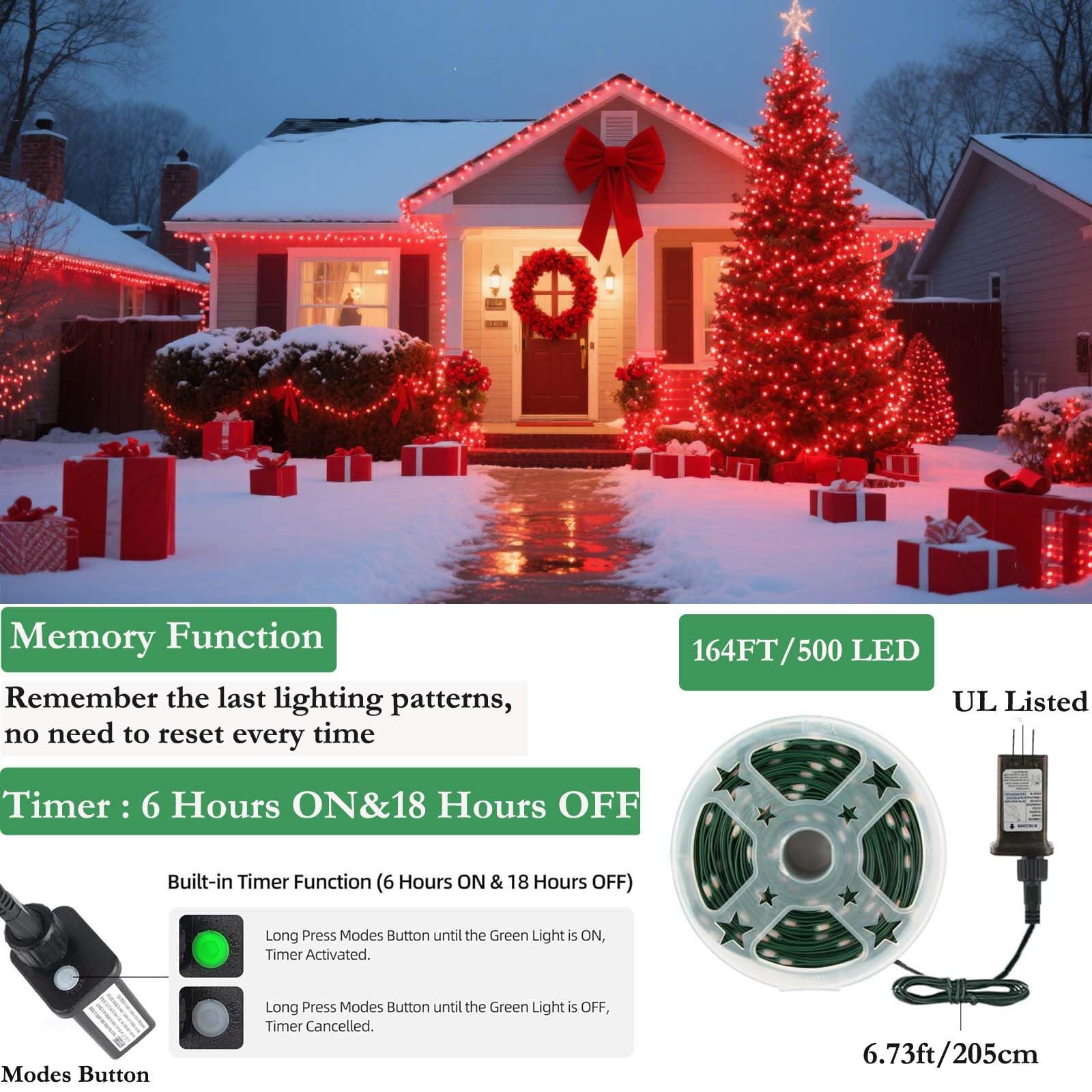 Tcamp 164Ft 500 Led Red Christmas Lights  8 Modes Christmas Tree Lights With Timer Memory Function  Green Wire Starry Fairy String Light For Xmas Tree Outdoor Indoor Decor