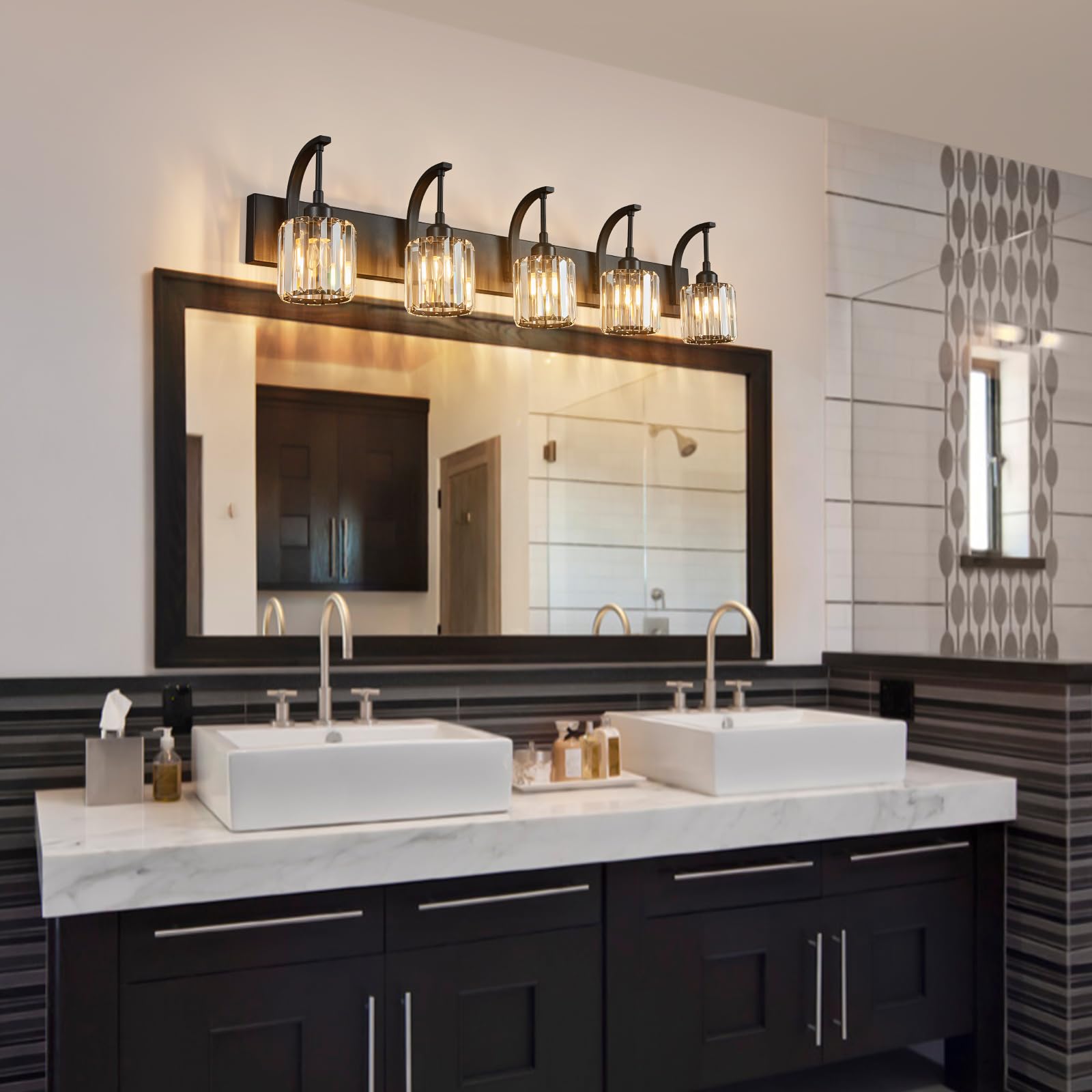 Fdpby 5-Light Crystal Vanity Light  Modern Black Bathroom Wall Sconce With K9 Crystal Shades  42.51 Long Over Mirror Lighting For Vanity  Makeup  Hallway  Elegant & Easy Installation