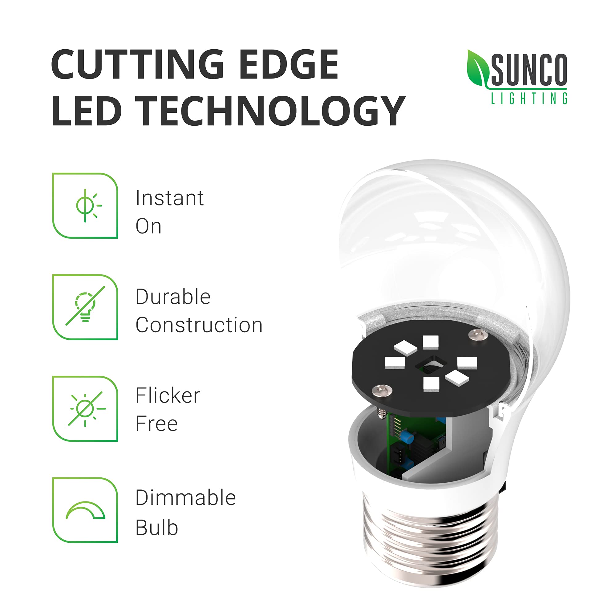 Sunco 10 Pack A15 Led Ceiling Fan Light Bulbs E26 Medium Base Cri92 4000K Cool White 8W Equivalent 60W, 800 Lumens, Dimmable Wat