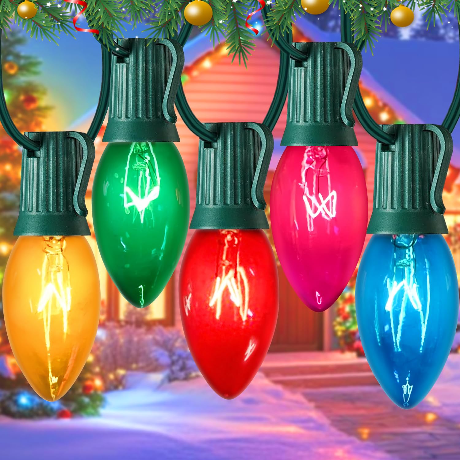 50Ft C9 Christmas Lights Outdoor Vintage Multi-Colored Christmas Lights 50 Count + 5 Spare Bulbs  Old Fashioned Colored C9 String Lights For Outdoor Holiday Xmas Trees House Roof Porch Yard Decor  7W