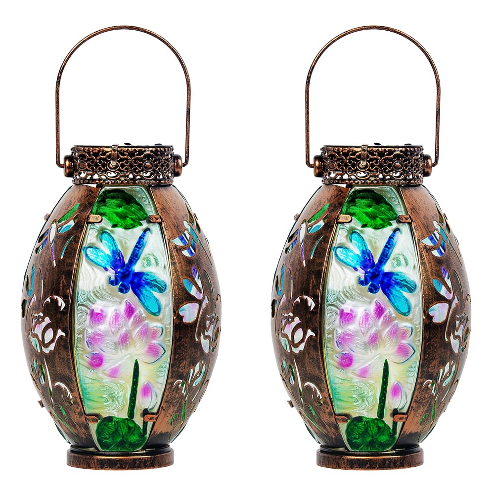 VEWOGARDEN 2 Pack Solar Lanterns Outdoor Waterproof Hanging Decorative Dragonfly Solar Lights for Patio Porch Garden Table Decor