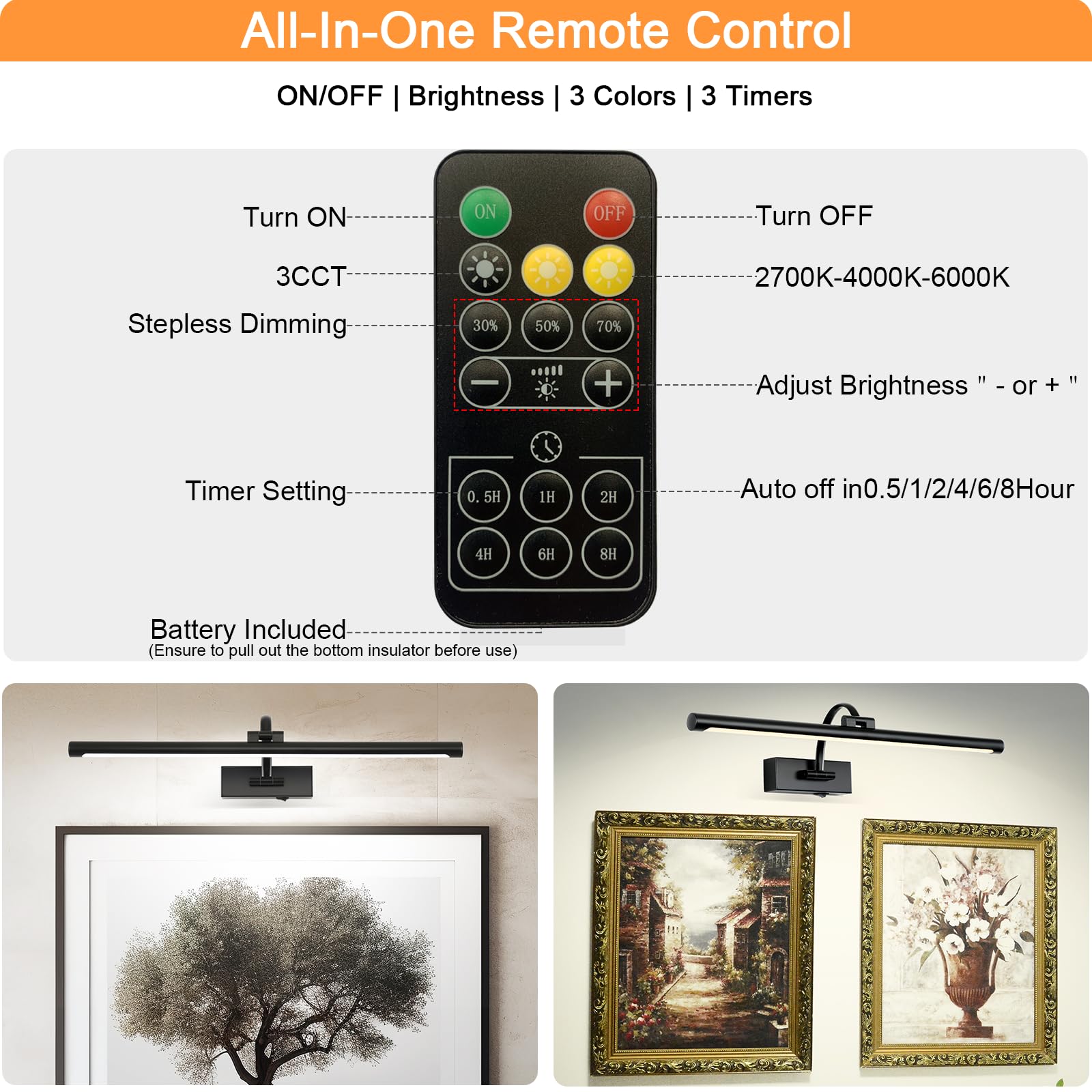Tassuowell Picture Light Battery Operated With Remote, 3Cct Dimmable Picture Light For Paintings, Black Rechargeable 24 Inch Bat