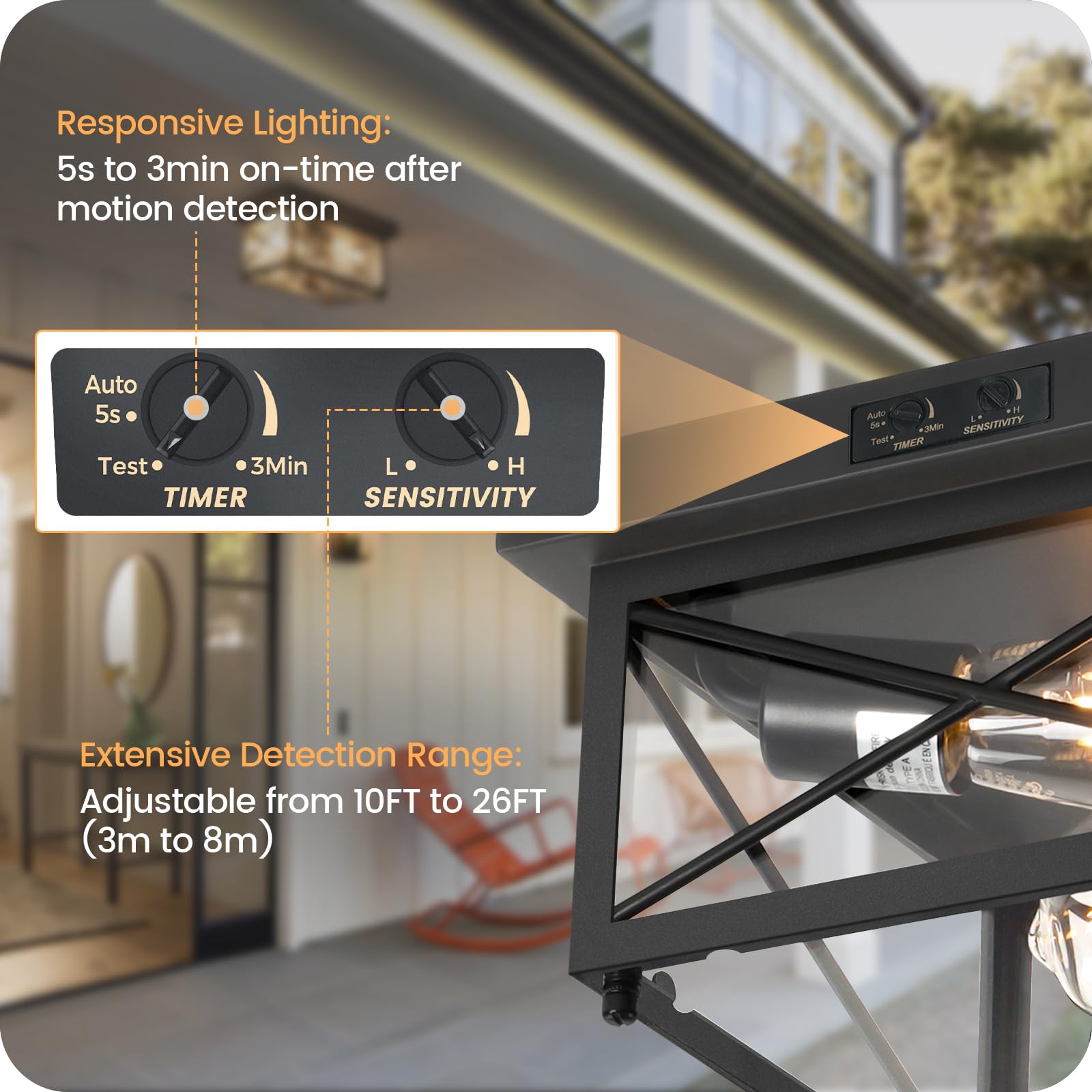 GOEBLESON Outdoor Ceiling Light Fixture, Motion Sensor, 2-Light Metal, Glass Shade, Black, Model BT09XD05