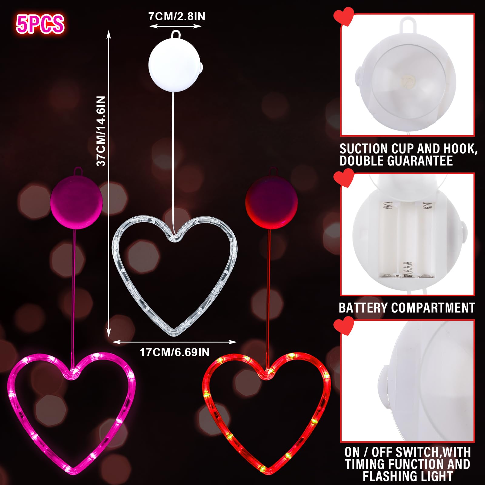 Baquler 5 Pcs Timed Heart LED Window Lights, Battery Operated, Red/Pink/White, Perfect for Valentine's Day, Wedding & Home Decor