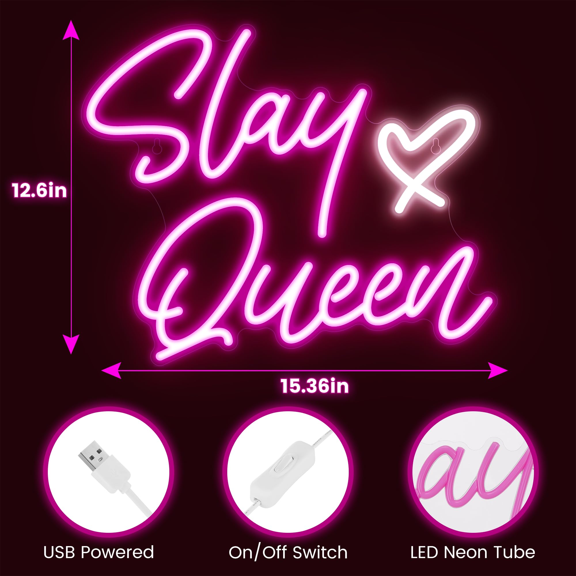 Kavaas Neon Slay Queen Sign - 15.3"x12.6" Pink LED Wall Decor for Bedroom, Bar, Office, Dorms - Stylish Plastic Design