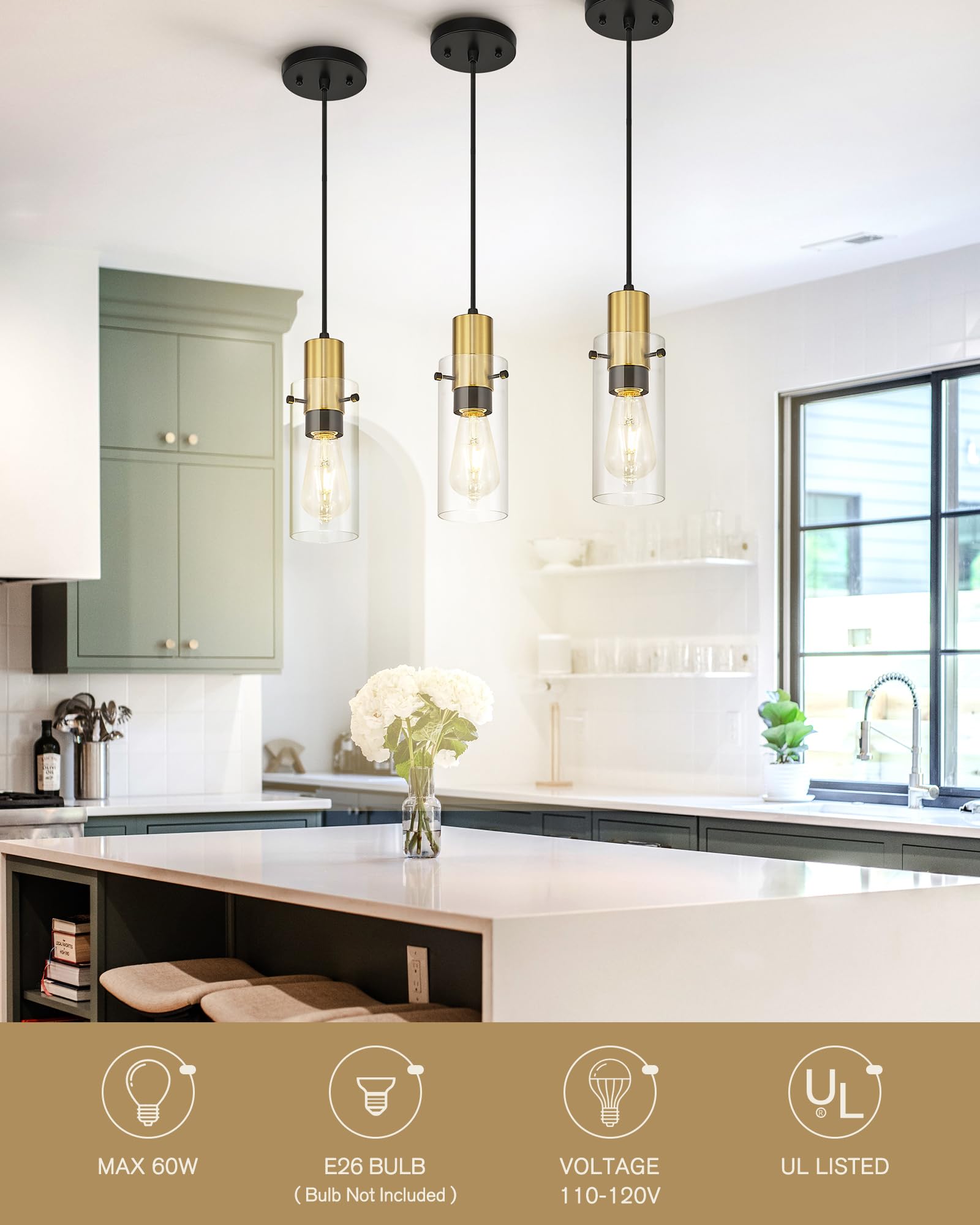 Emak 2 Pack Black Gold Pendant Light, Modern Farmhouse Pendant Lights Kitchen Island With Clear Glass Shade, Mini Hanging Lights