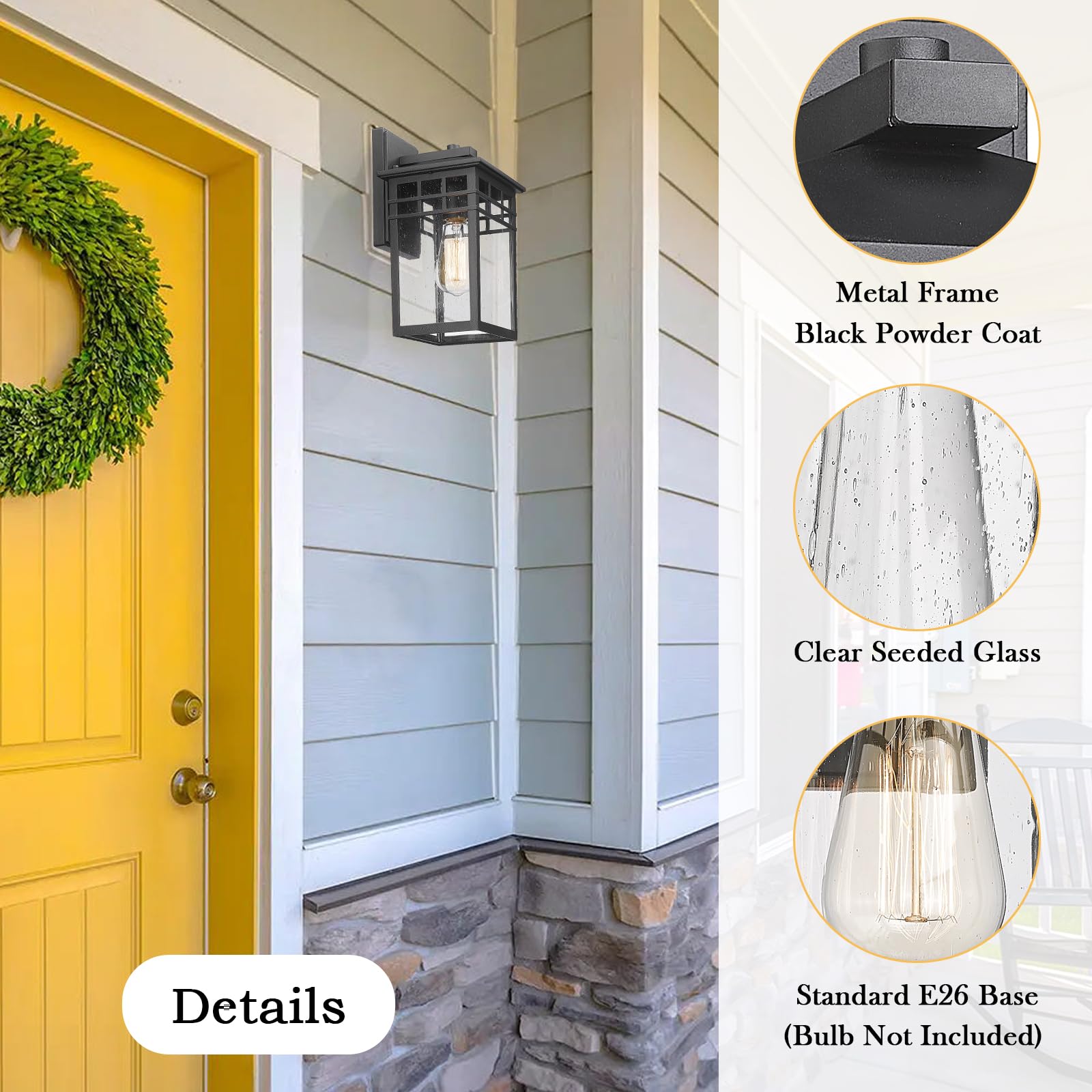Diyel Outdoor Wall Light Fixture, Black Aluminum Lantern Sconces, 2 Pack, Waterproof, Modern Design for Porch and Garage
