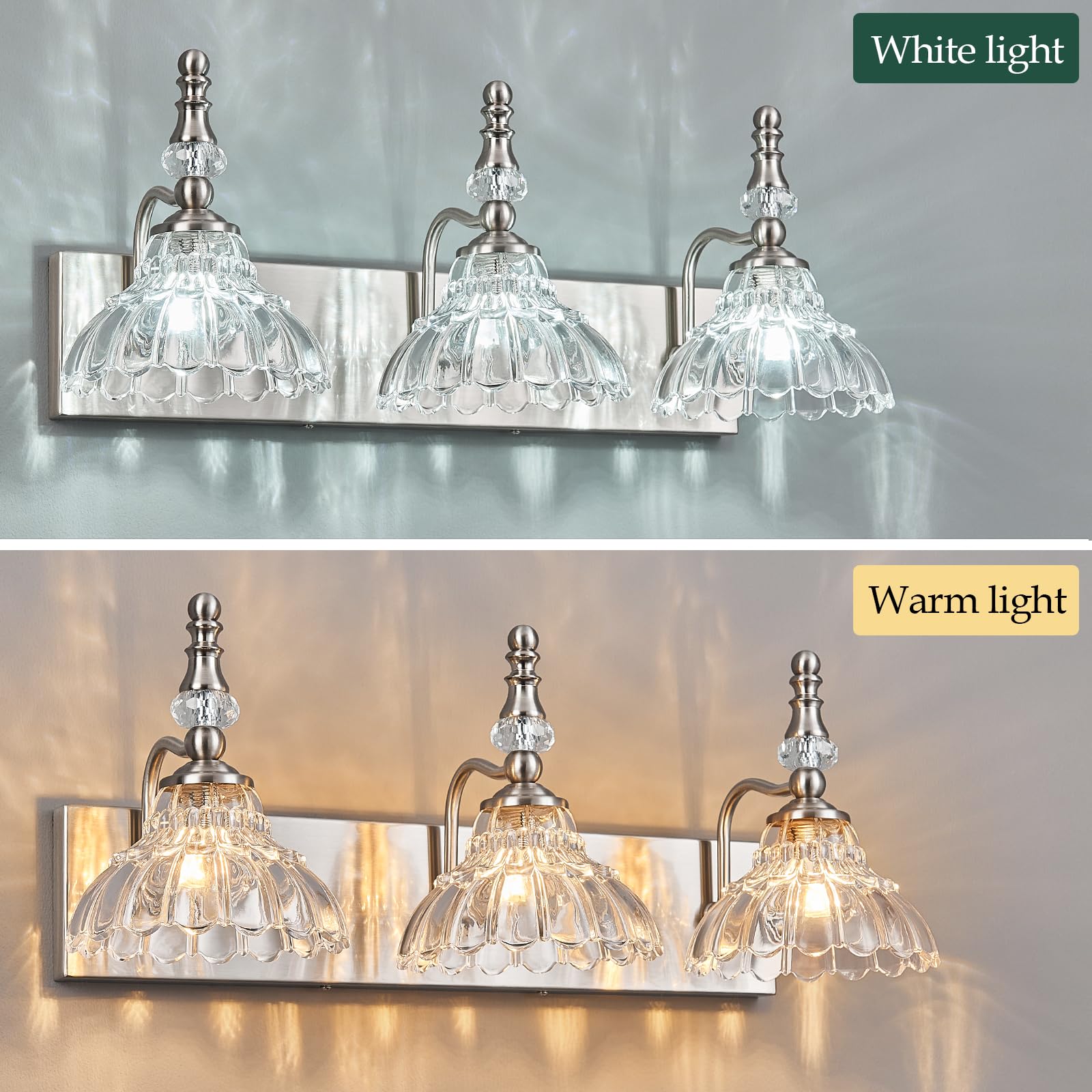 Lbsqj Vintage Bathroom Vanity Light  3-Light Brushed Nickel Vanity Lighting Fixture With Flower Glass Shade  Bathroom Lighting Fixtures Over Mirror