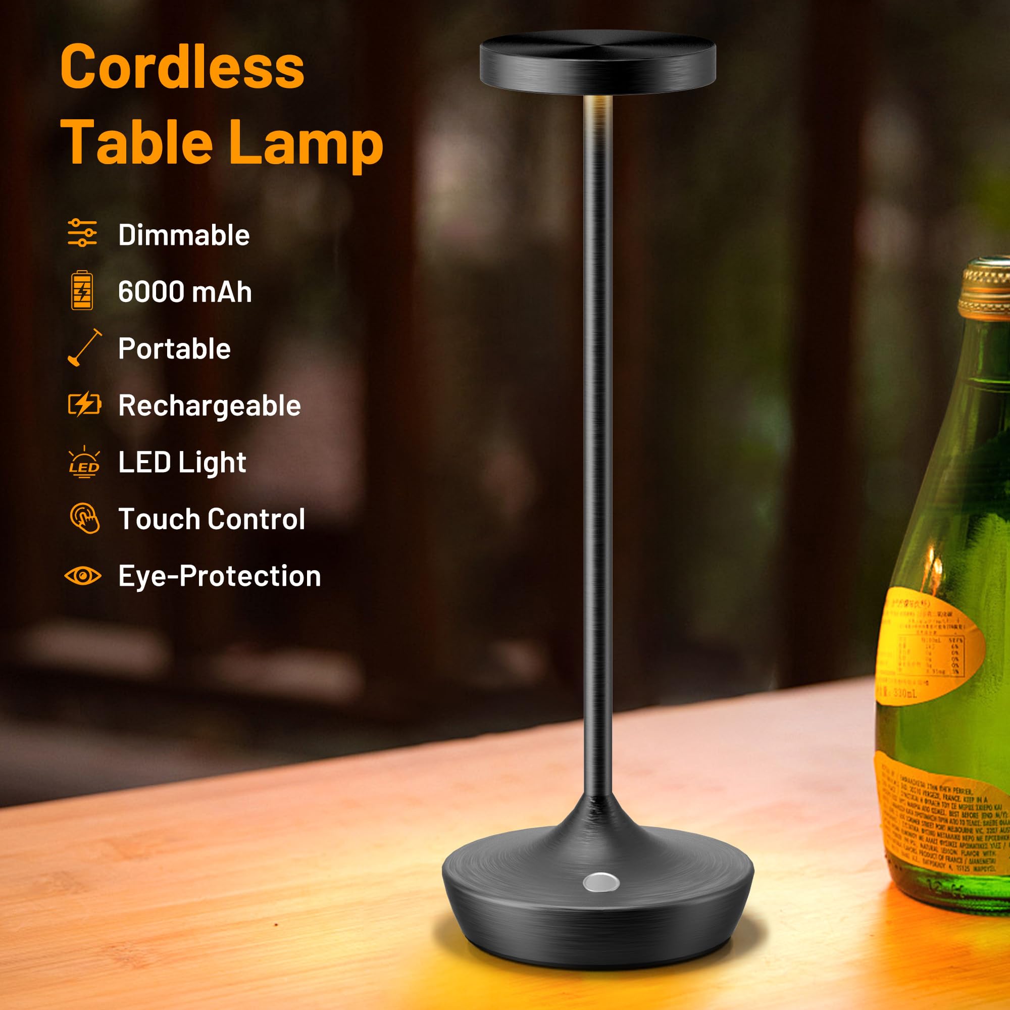 YHT Cordless LED Desk Lamp, 6000mAh Rechargeable, Waterproof, 3-Color Touch Dimmable, Model X86, Black 1P
