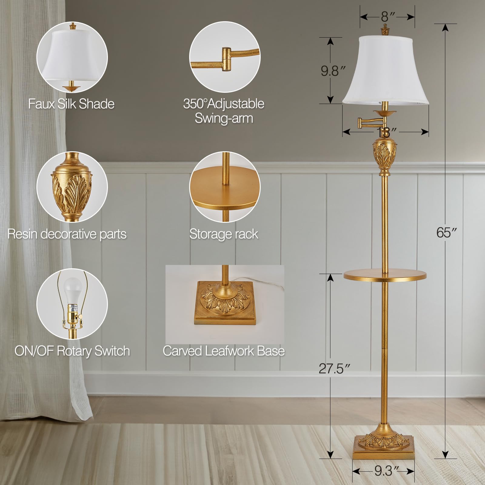 AIDENOEY Traditional LED Floor Lamp - 350° Adjustable Swing Arm, 65" H, Gold-1, Model HYFLOOR005, Vintage Design for Living Room & Office