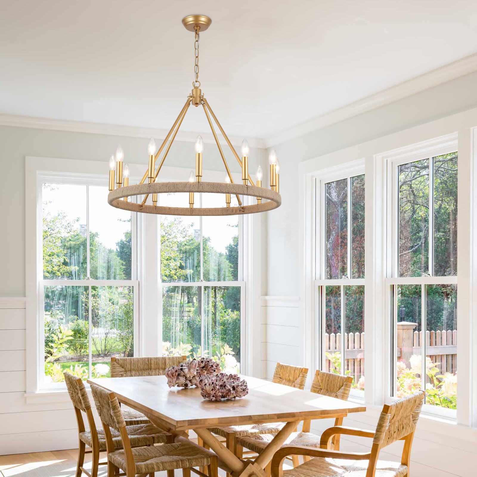 Zjvaive 12-Lights Gold Wagon Wheel Chandelier 28'' Large Gold Farmhouse Chandelier Vintage Circle Light Fixture For Dining Room