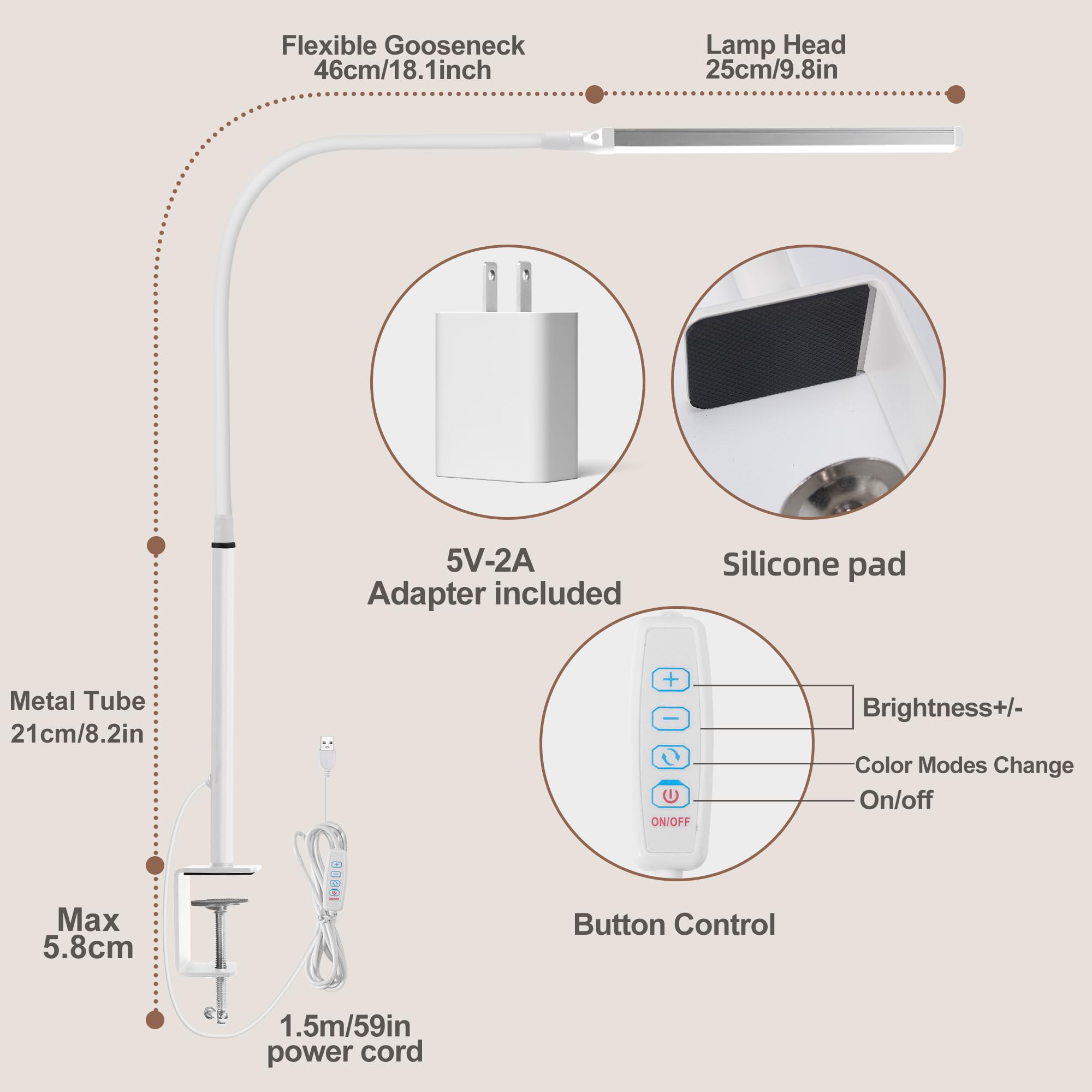 LIBORA Led Desk Lamp, Eye-Caring Clamp Light, 3 Modes, 10 Brightness Levels, Flexible Gooseneck, White, Model 1063292
