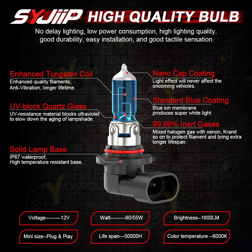 SYJIIP Halogen Headlight Bulbs 9005 9006, 6000K White, 300% Brightness, 4-Pack for Honda Accord 1990-2012