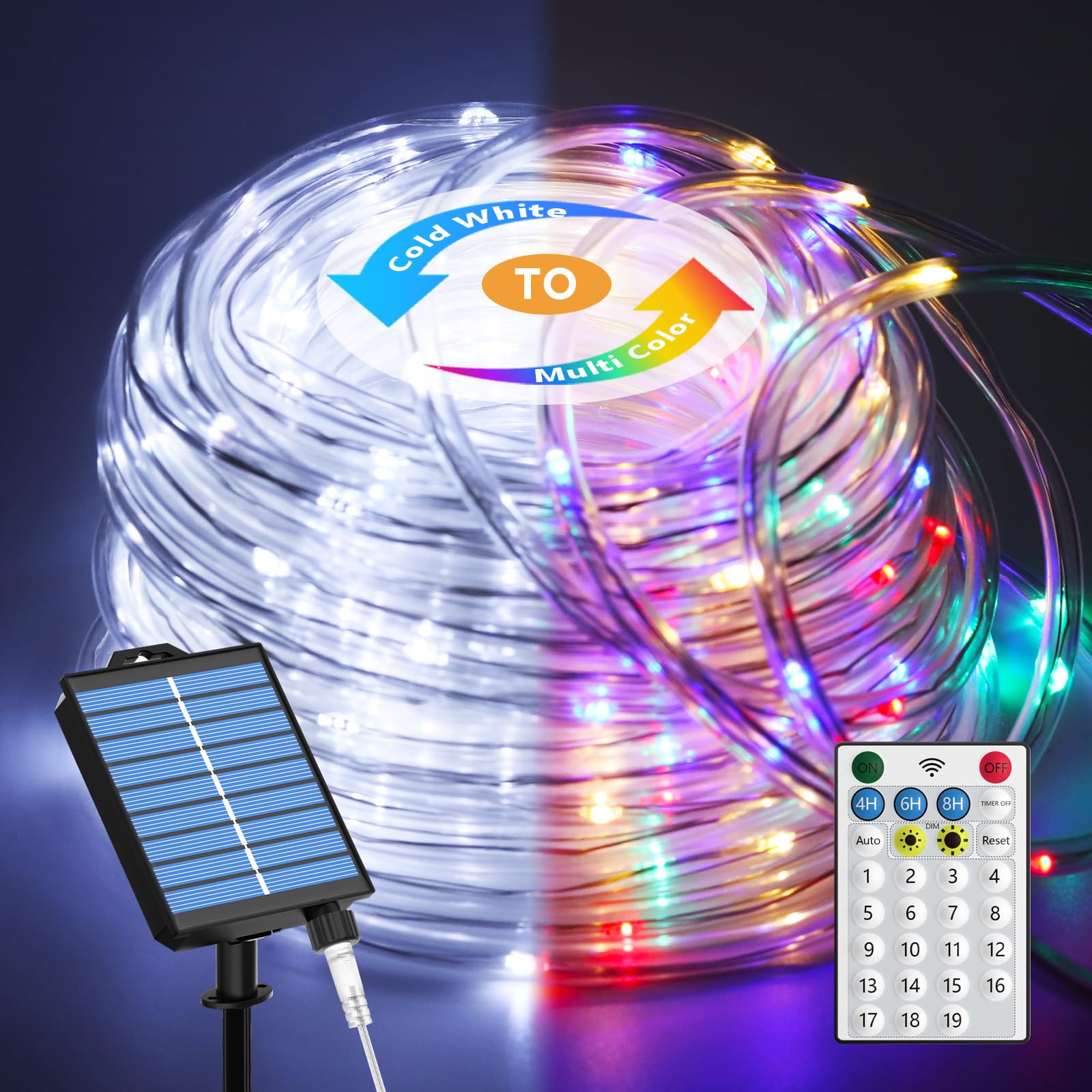 ICRGB Solar Lights Outdoor, 66FT 200 LED Solar Rope Lights with Remote, 1800mah Battery, 19 Modes and Timer, IP67 Waterproof for