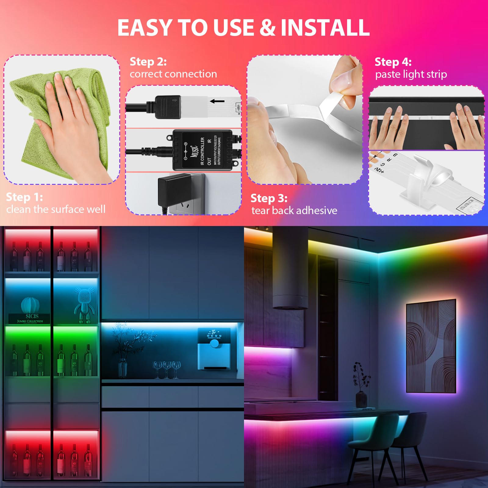 Led Strip Lights 65.6Ft(2 Rolls Of 32.8Ft), Dimmable 5050 Rgb Color Changing Lights Strip With 40 Key Ir Remote Controllers, Sel