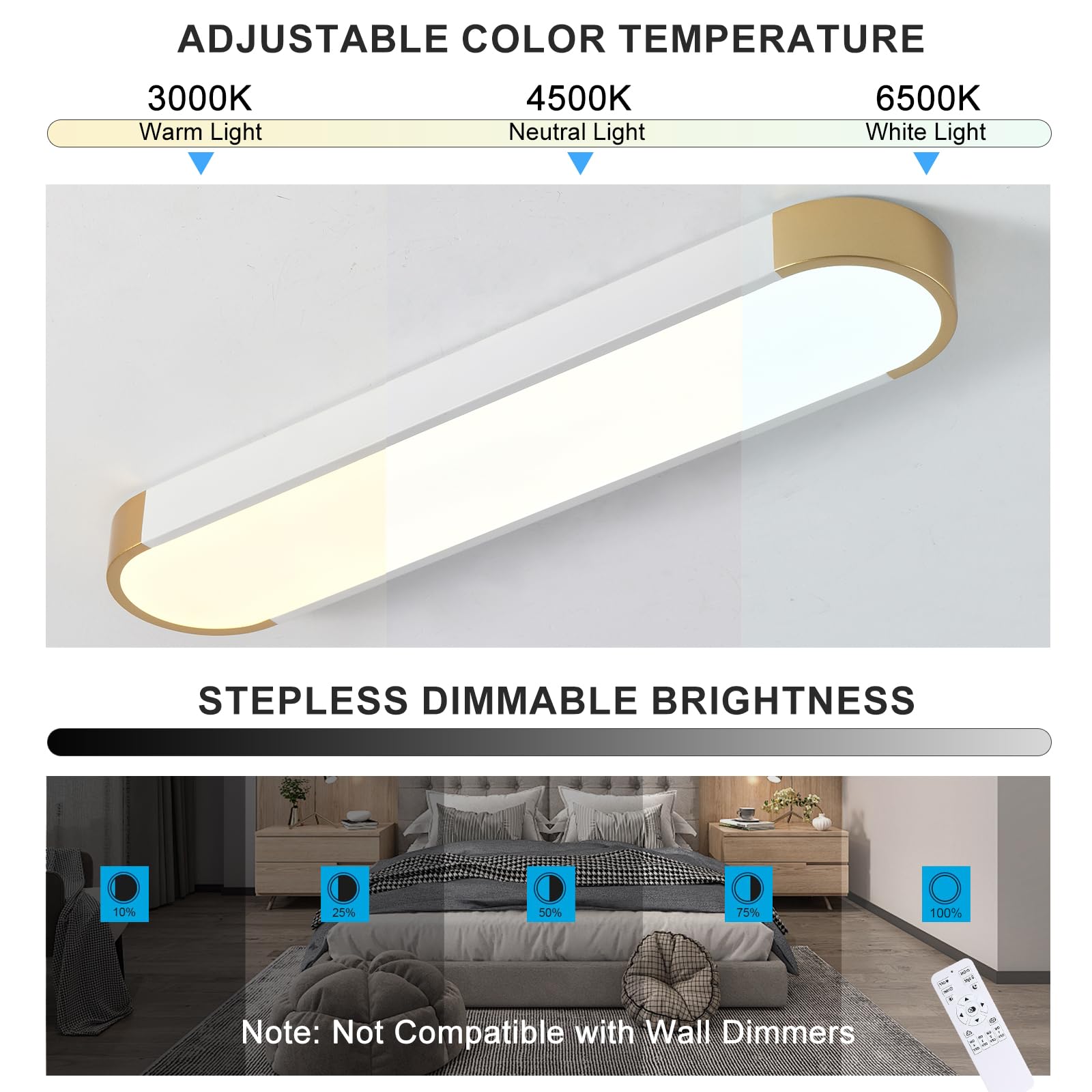 Tioolo Dimmable Led Ceiling Light With Remote 42W Kitchen Lighting Fixtures Ceiling White And Gold Long Ceiling Light Fixture 27.5 Inch Flush Mount Ceiling Lights For Kitchen Dining Room Hallway