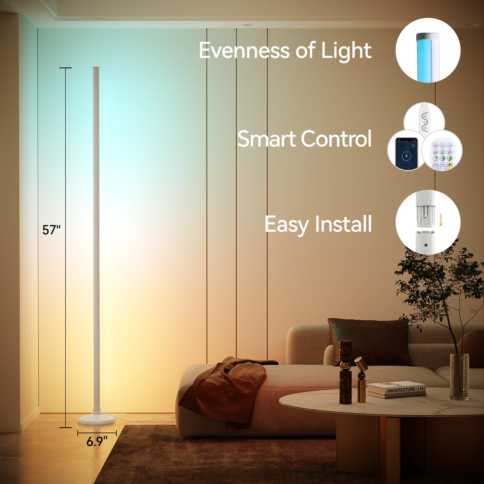 Sunmory Rgb Led Floor Lamp, 57'' Corner Lamp With 80+ Scene & Timer, Smart Modern Ambient Lighting With Music Sync & 16 Million