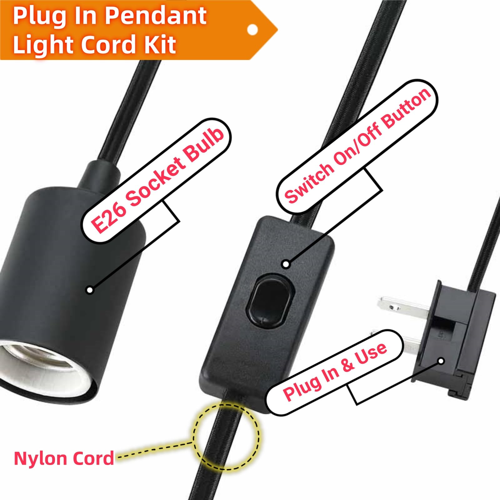 WISBEAM Plug in Pendant Lighting, 15 Feet Cord, ON/Off Switch, Aluminum, Black, Model WS-PDL005, 1-Pack