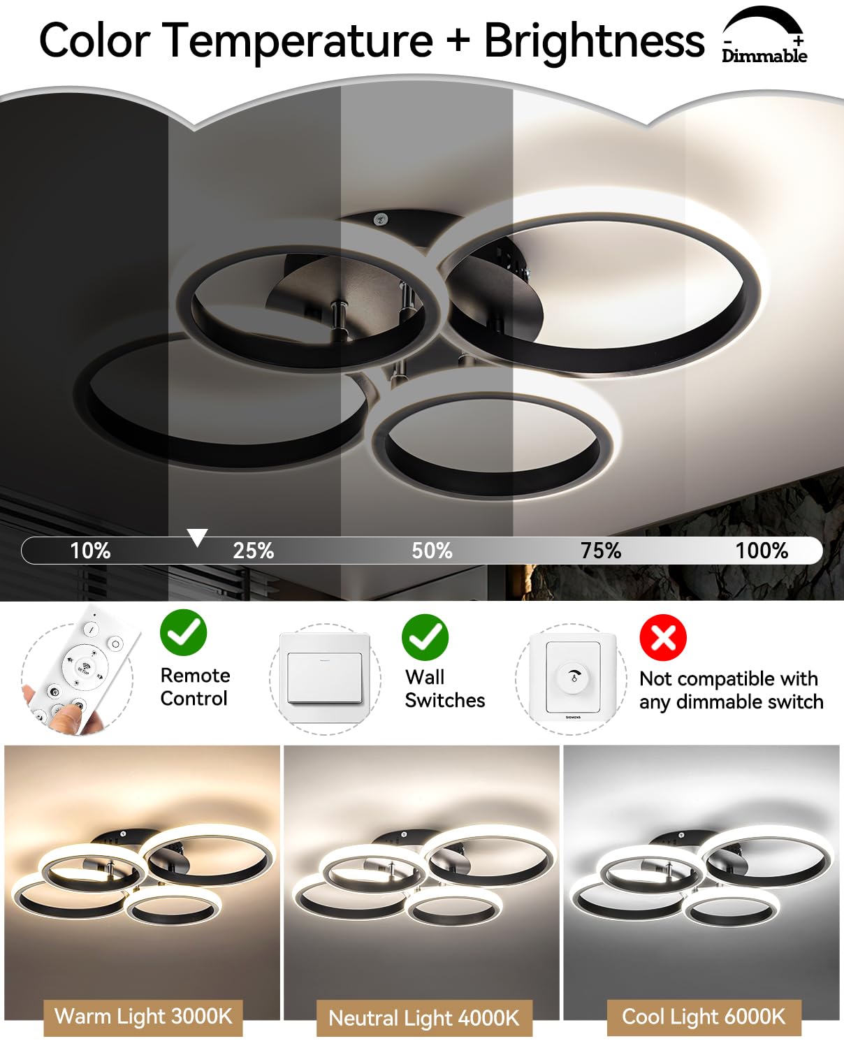 4 Ring Modern Led Ceiling Light Fixture With Remote Control, 3000K-6500K 3-Color Black Dimming Circle Modern Ceiling Light For B
