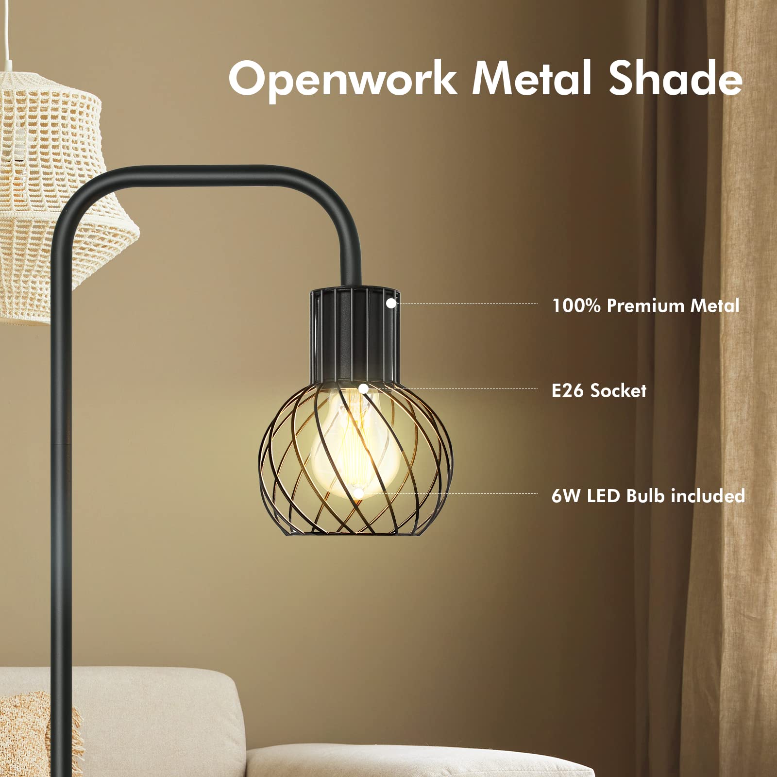 AUQUEE Industrial Floor Lamp with 6W LED Bulb, Minimalist Metal Design, Black, Model AQ1216US-1