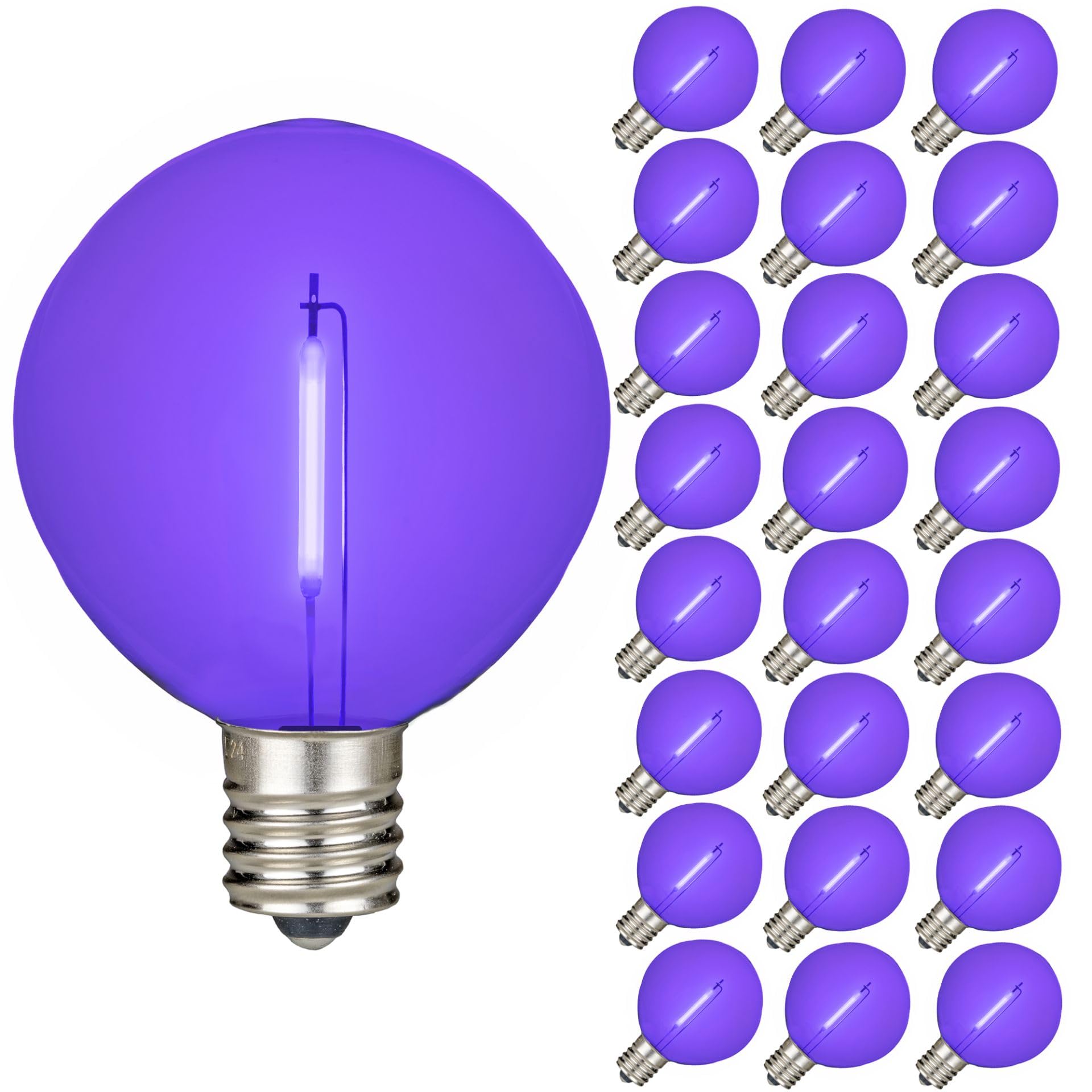 Novelty Lights 25 Pack G50 Led Light Bulbs, E17 C9 Intermediate Screw Base Shatterproof Outdoor String Lights Purple Globe Bulbs