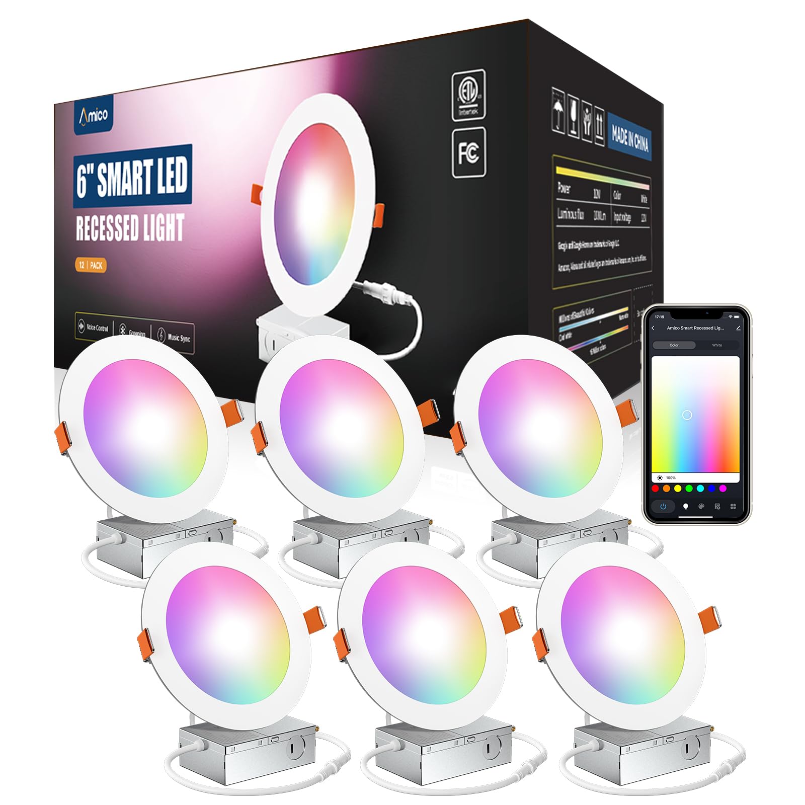 Amico 6 Pack 6 Inch Smart LED Recessed Lighting, WiFi Canless Downlight with Junction Box, RGB & 2700-6500K Color Changing, 12W=