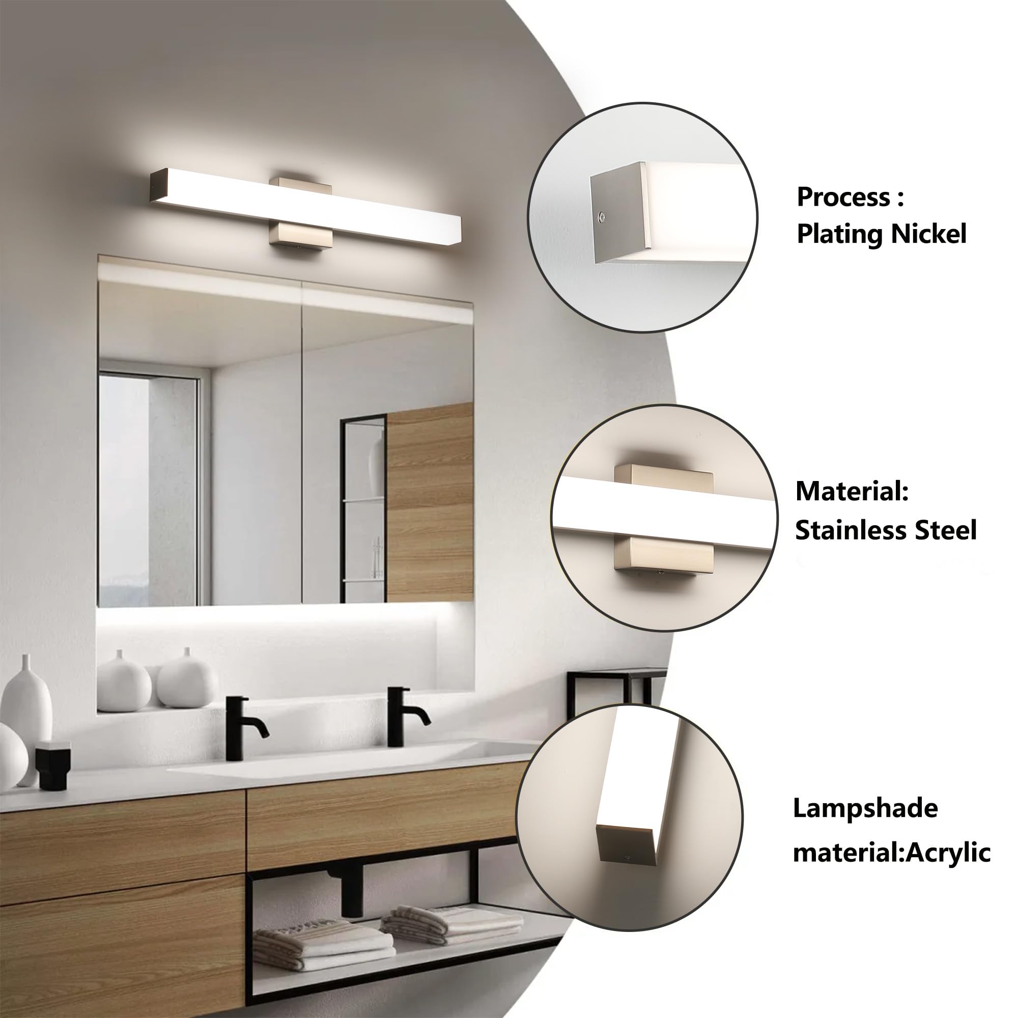 YHTlaeh Bathroom Vanity Light Brushed Nickel LED 24 Inch 14W 4000K Dimmable Wall Bar Fixture Model 7610