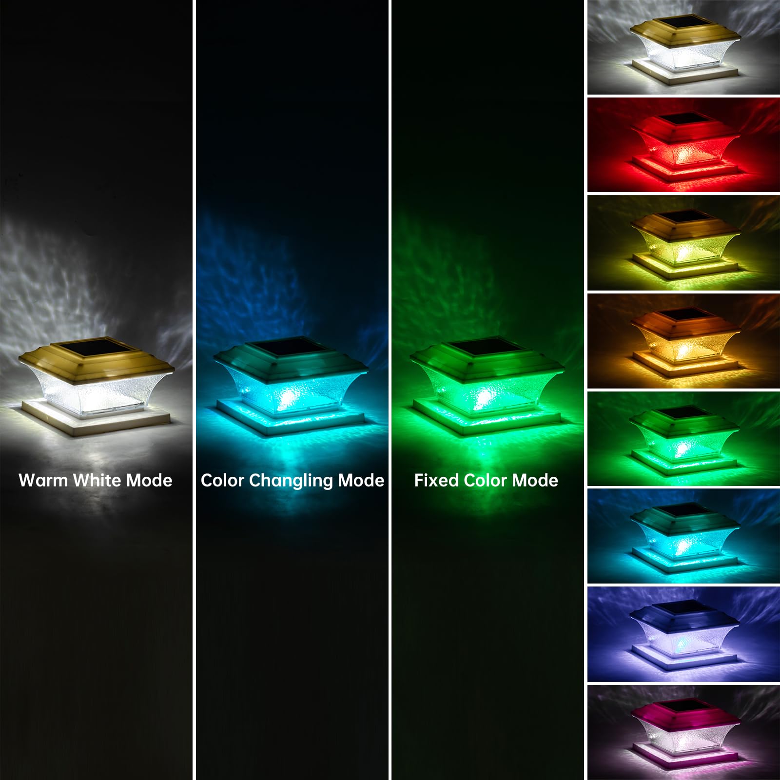 HUYIENO Solar Post Cap Lights Outdoor LED Lighting Deck Fence Cap Light 9 Light Modes Bright White/7 Color Fixed Modes/7 Color C