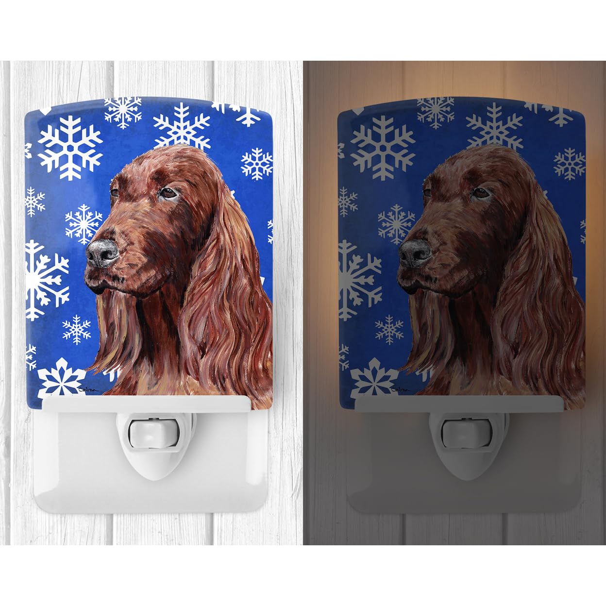 Caroline'S Treasures Sc9594Cnl Irish Setter Winter Snowflakes Ceramic Night Light Compact, Ul-Certified, Ideal For Bedroom, Bathroom, Nursery, Hallway, Kitchen, 6X4X3, Multicolor