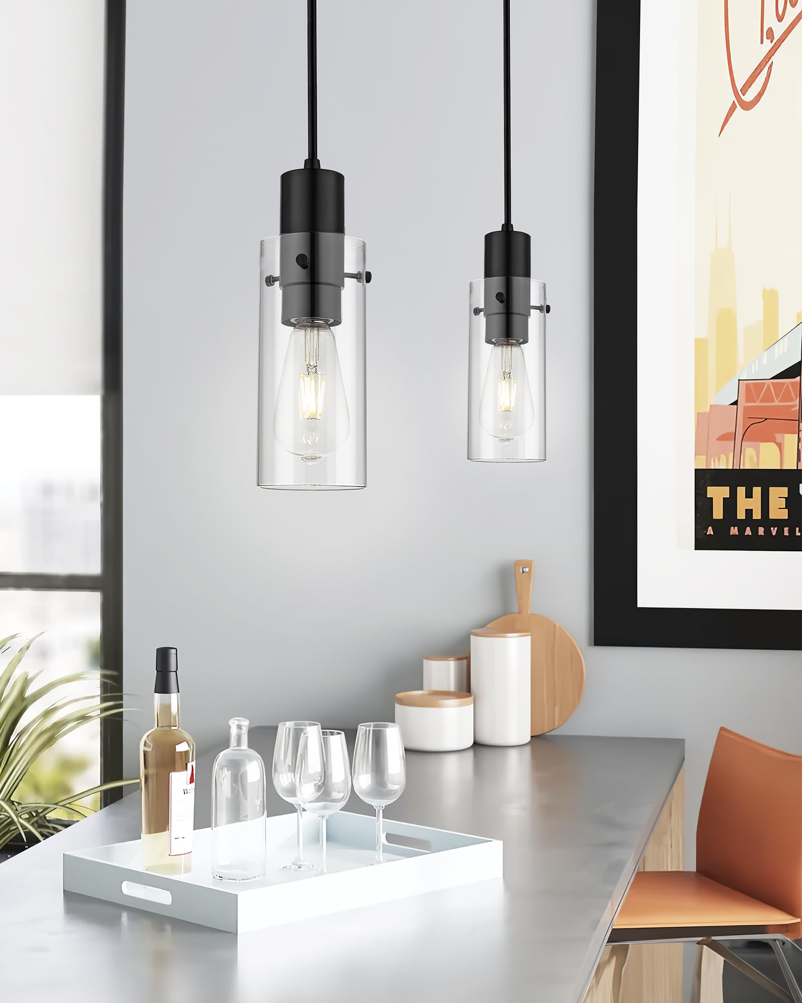 Emak Modern Black Pendant Lights Kitchen Island, 3 Light Farmhouse Pendant Light With Clear Glass Shade, 3 Pack Hanging Light Fi