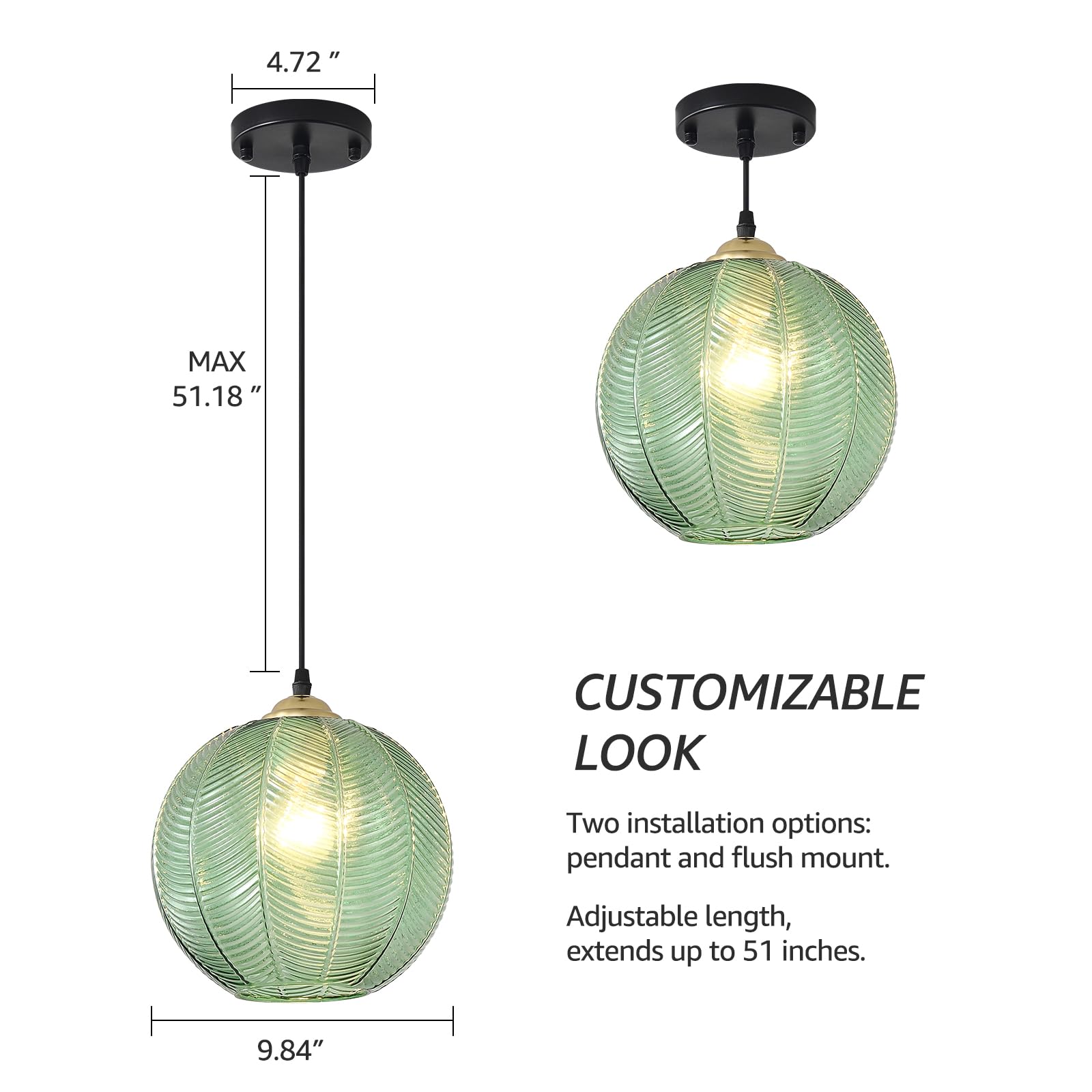 Testoys Green Glass Pendant Light, Single Large Globe Pendant Lighting 9.8-Inch Nordic Ribbed Ceiling Hanging Modern Ball Chande