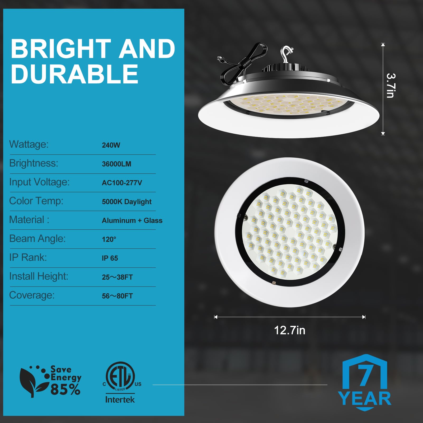 Lightdot 240W Led High Bay Light With Diffuser, 36000Lm Ufo Lights, 5000K Daylight, Ac100-277V For 25-35Ft Height - 5 Yr Warrant