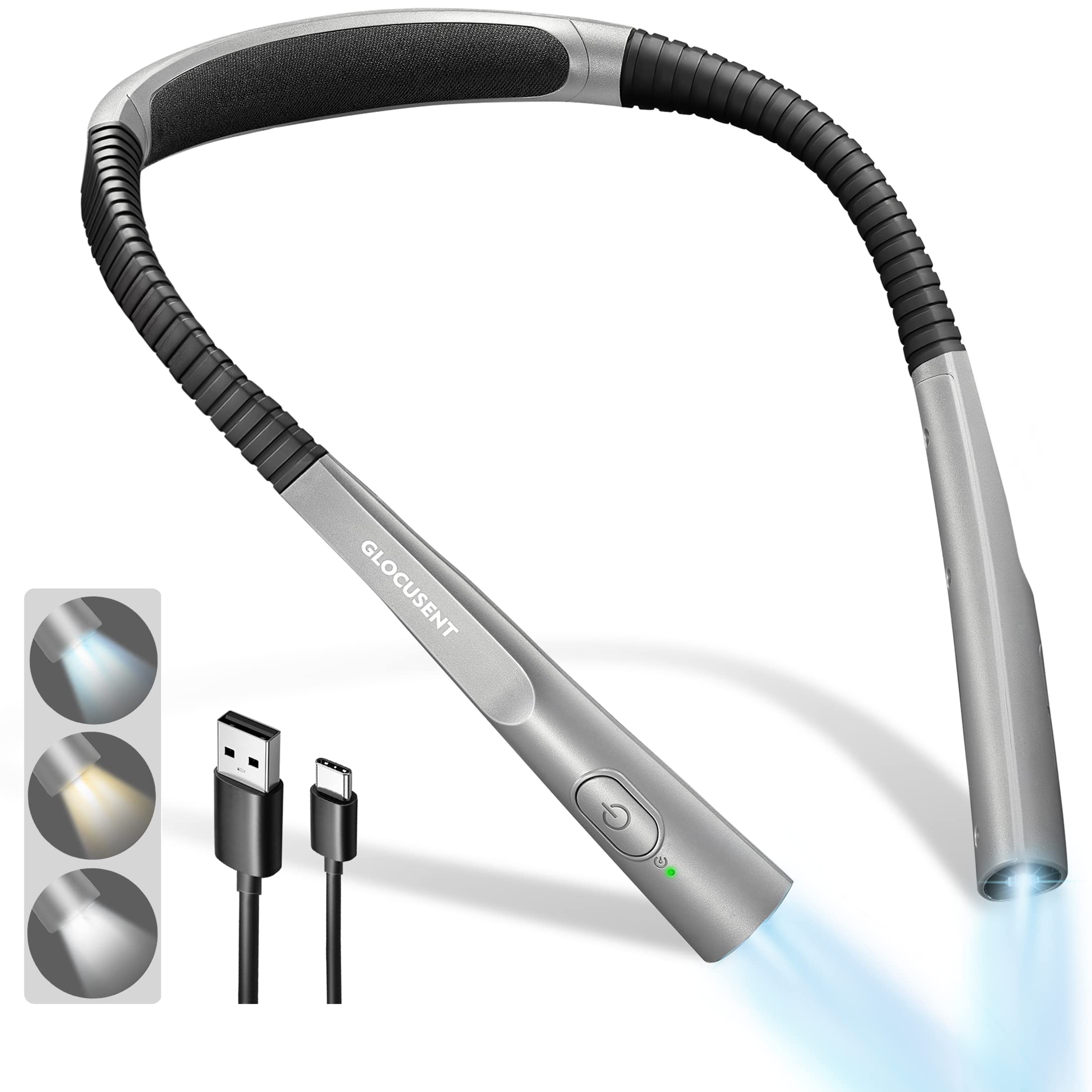 Glocusent LED Neck Reading Light - Rechargeable, 3 Colors & Brightness, Posh Grey, Model GLCSNTBL007, Perfect for Reading & Knitting