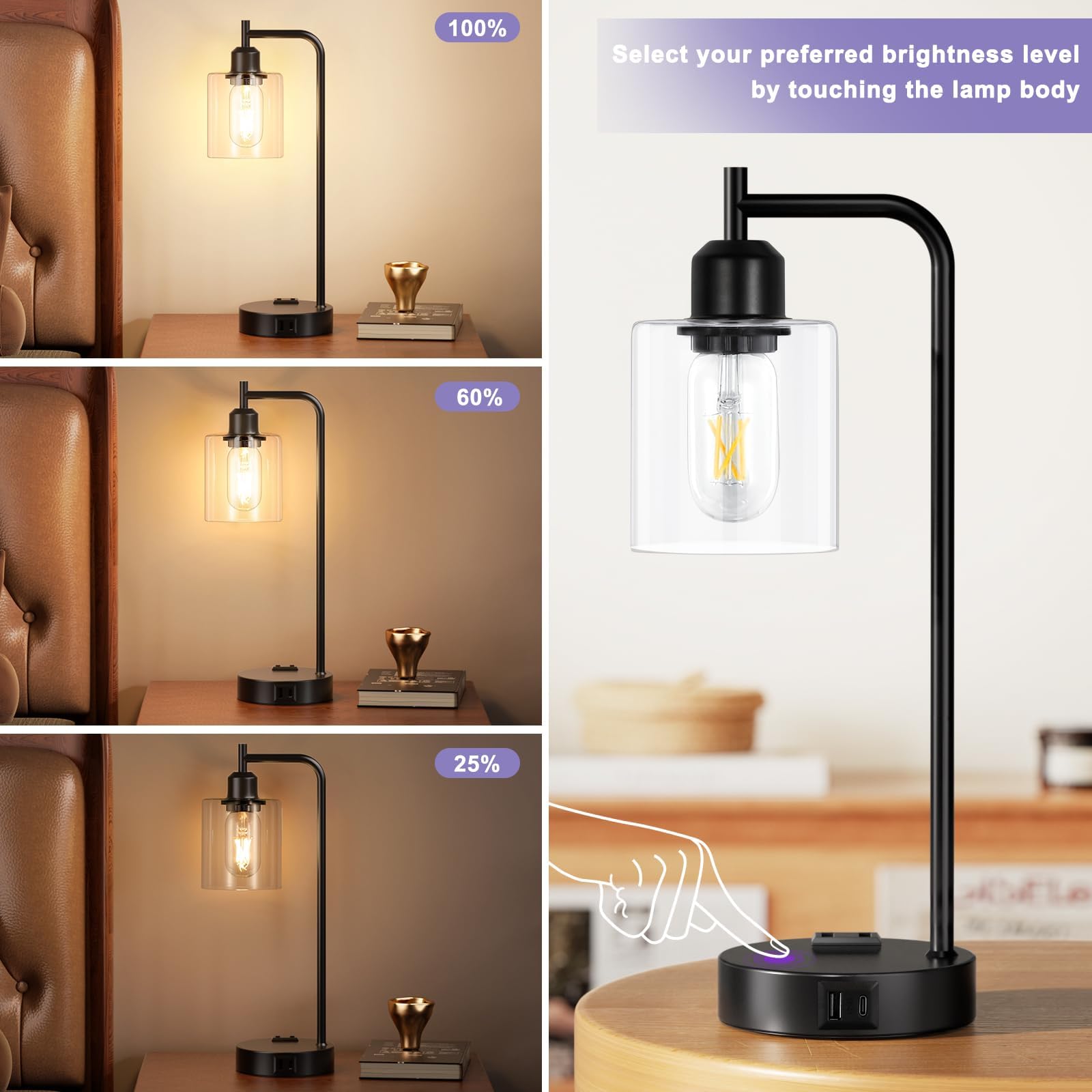 Industrial Touch Table Lamps For Bedrooms Set Of 2 - 3-Way Dimmable Nightstand Lamps With Usb C+A Ports And Outlet, Black Bedside Lamps With Glass Shade For Living Room, Desk Lamps For Home Office