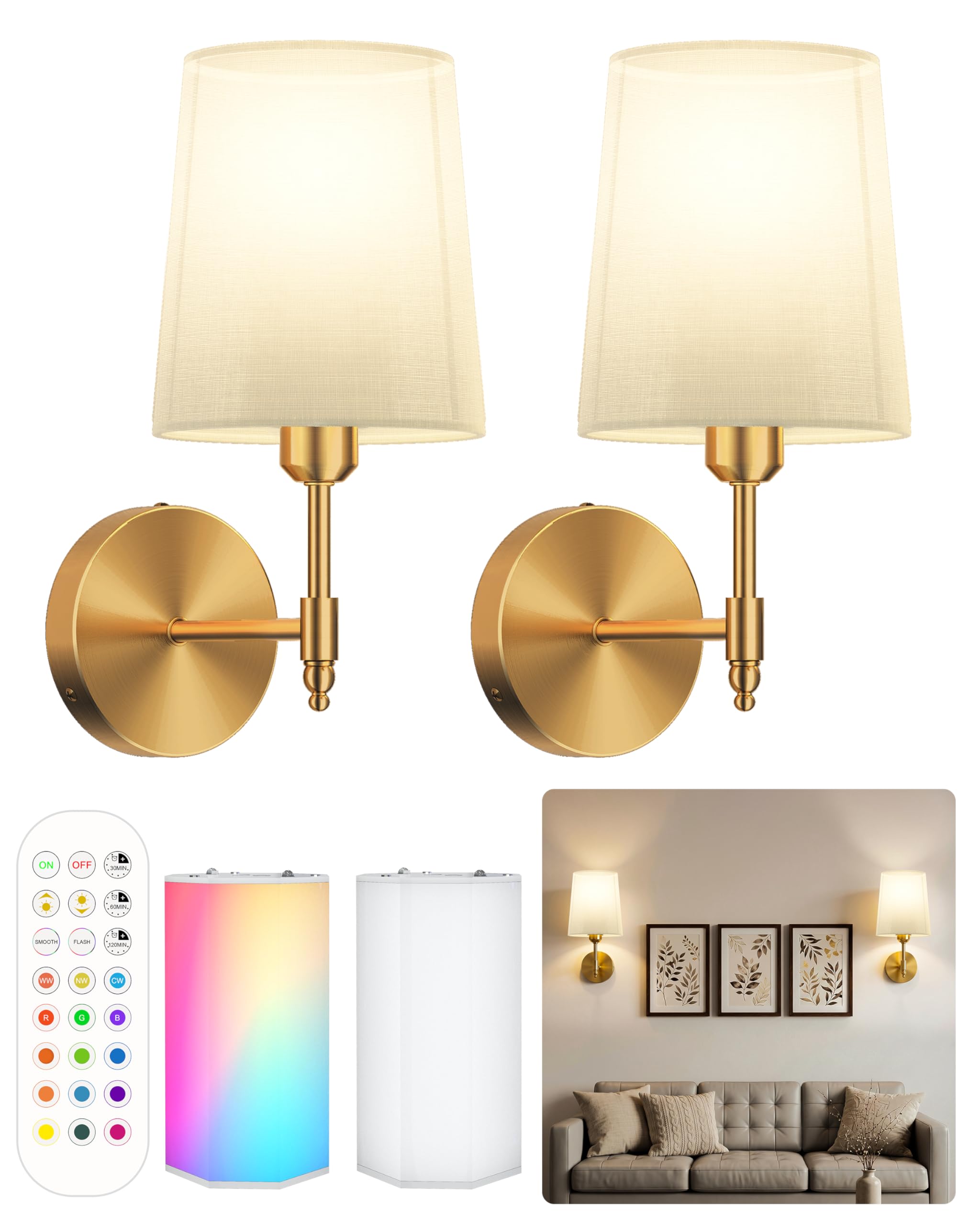 Ouyulong Battery Operated Wall Sconces Set of 2, Wireless Rechargeable Dimmable Wall Light with 15000mAh RGB Bulb and Remote for