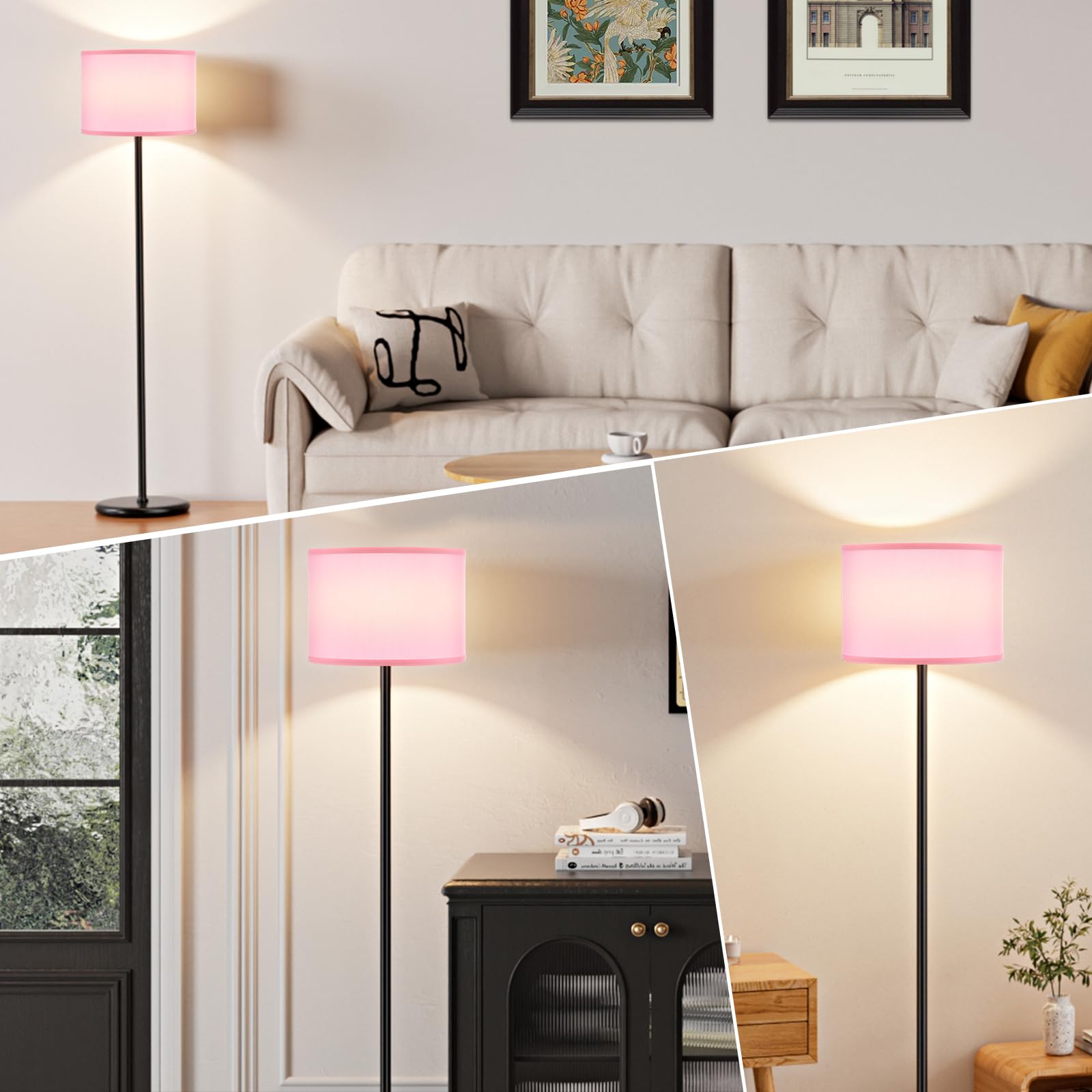 Ambimall 60'' Modern Floor Lamp With Shade, Tall Lamps For Living Room, Bedroom, Office, Dining Room, Pink Shade With Black Pole