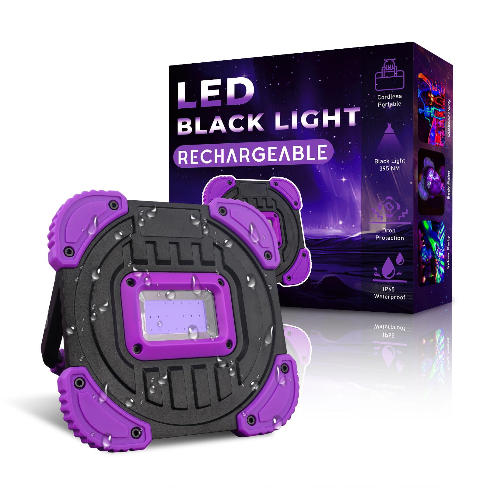 Biuonk Rechargeable LED Black Light, Cordless 395nm Battery Powered Black Lights for Glow Party, Body Painting, Fishing, Hallowe