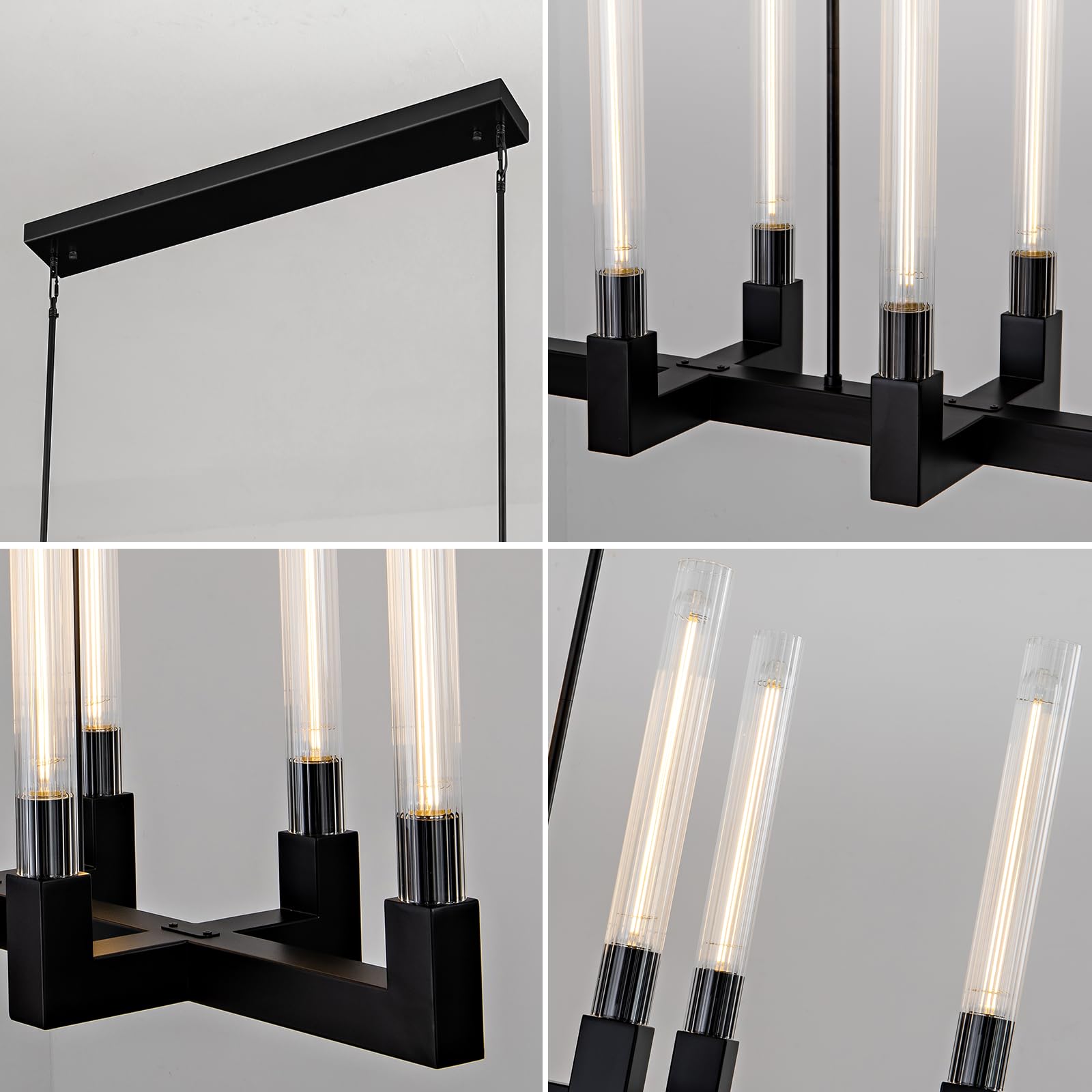 Yuexpand 68-Inch 12-Light Black Modern Chandelier With Knurled Glass Tube Shades, Rectangular Luxury Ceiling Pendant Light Fixtu