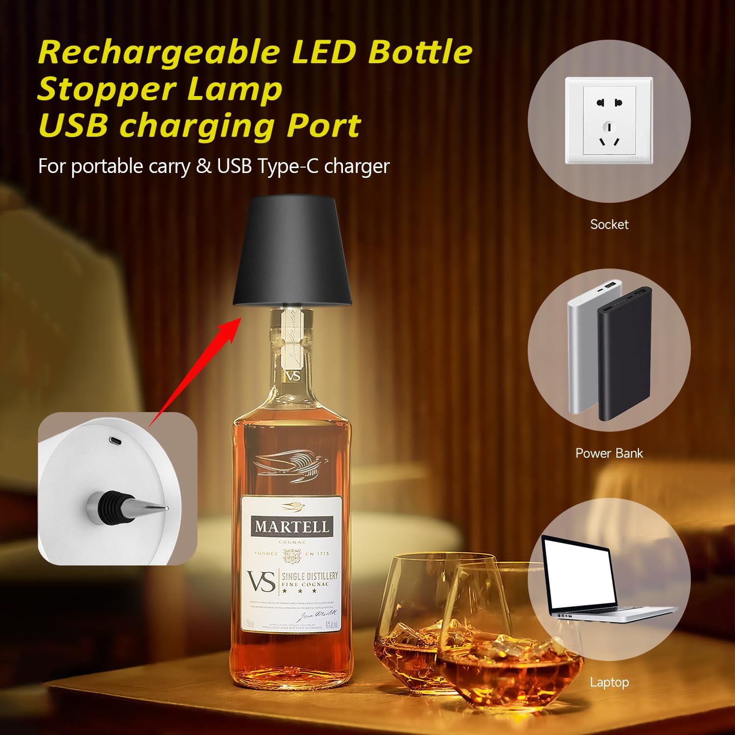 Hoide Wireless Bottle Lamp - LED Night Light Kit, Rechargeable RGB, 5.7in, Plastic, RGB Black