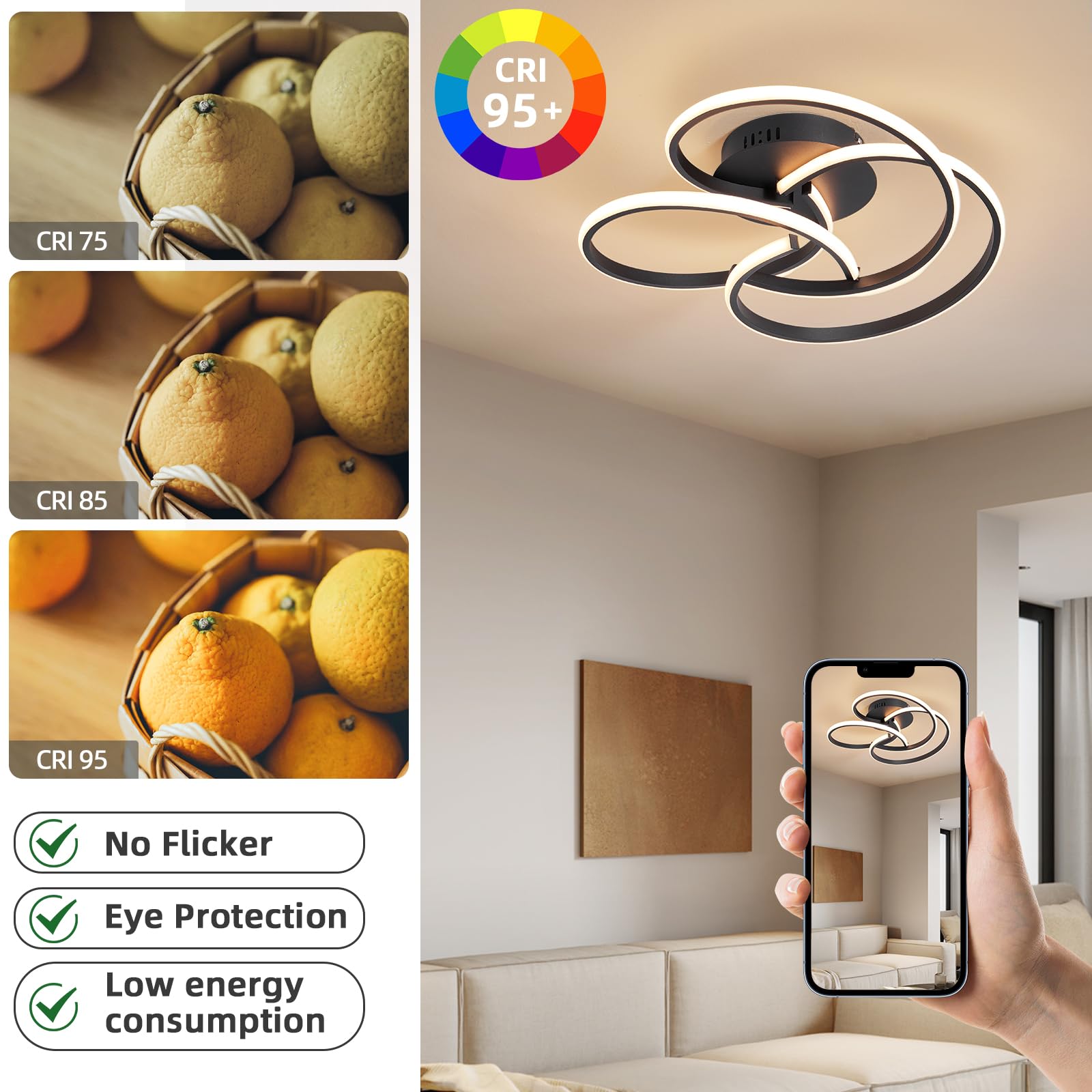 CANEOE Modern LED Ceiling Light Fixture, 42W Dimmable, Remote Control, Black, Flush Mount, Model CL-3BH-D-US