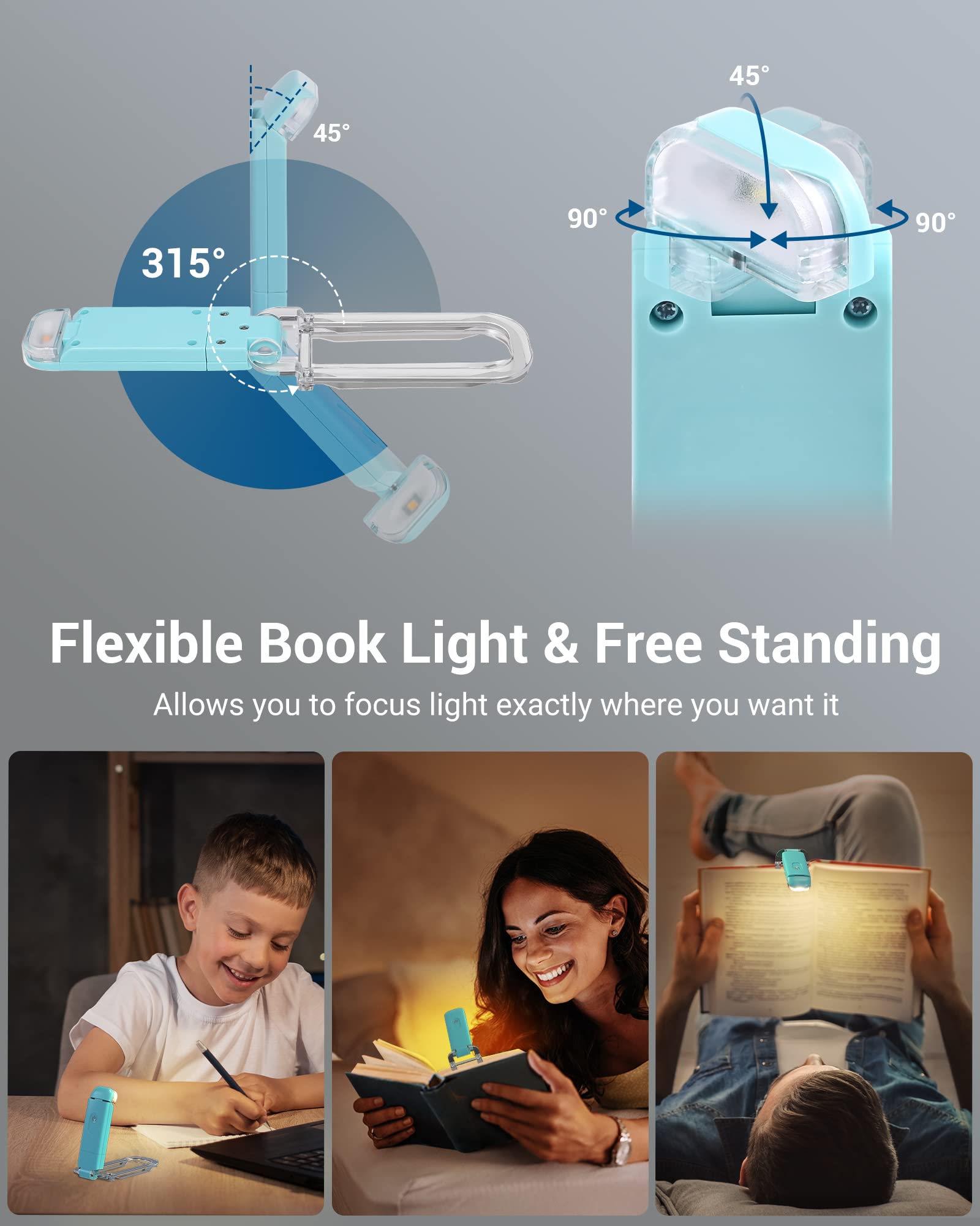 Dewenwils Book Reading Light With Clip, Usb Rechargeble Booklight For Reading In Bed, Clip On Book Lamp, Brightness Adjustable,