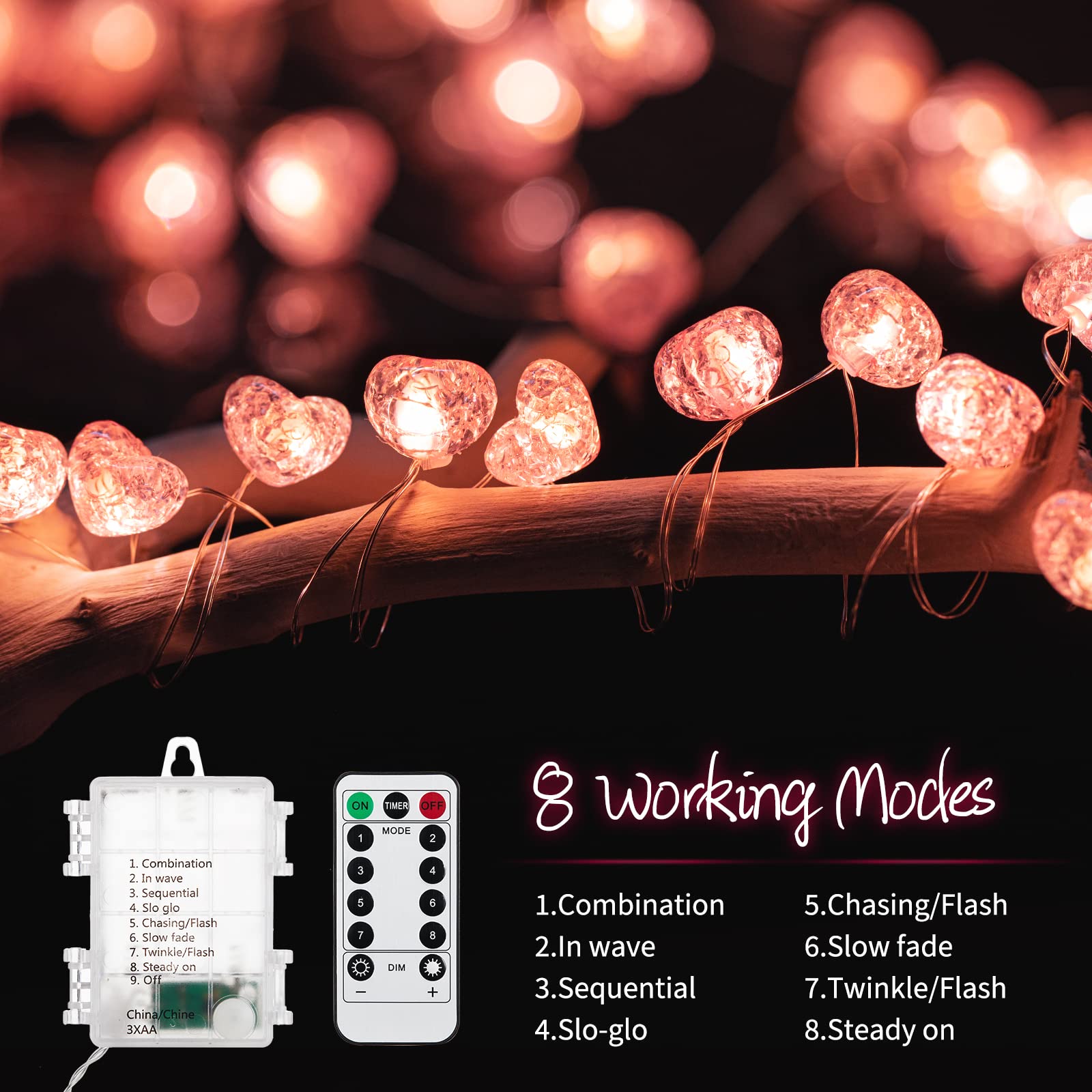 Brightown 10.5ft Fairy String Lights - 30 LED Pink Heart, Battery Operated with Timer & Remote, Perfect for Valentine's Day & Weddings