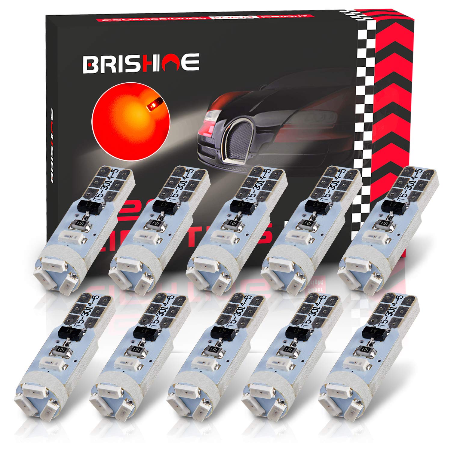 Brishine 10X T5 Led Bulbs Brilliant Red Canbus Error Free 3014 Chipsets 74 2721 Pc74 37 73 17 70 Led Bulbs For Interior Gauge Cl