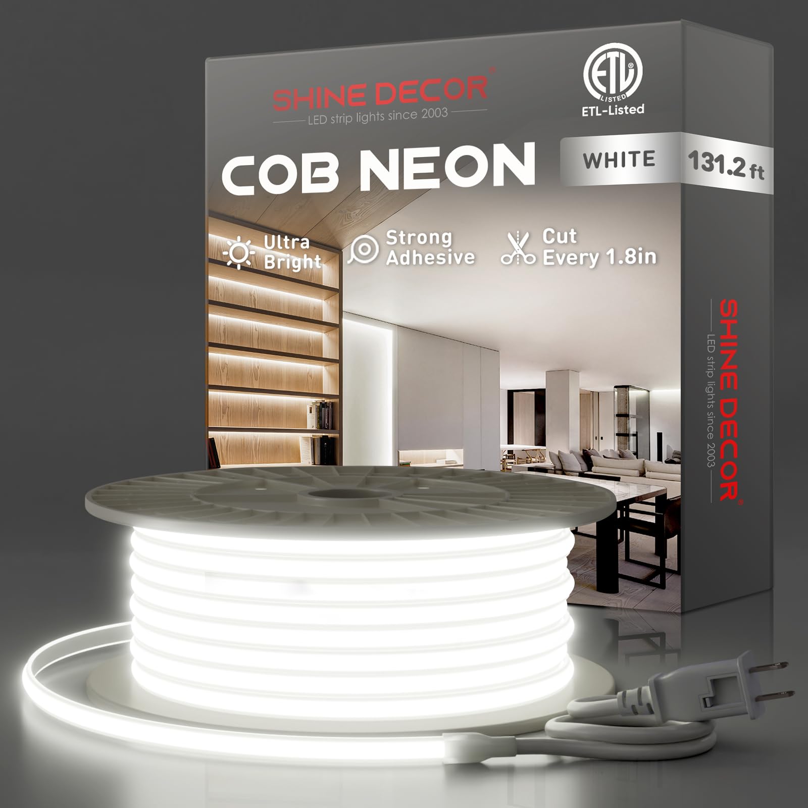 Shine Decor Cob Led Rope Light Ac 120V  800Lm Ultra Bright  Ip65 Waterproof Cold-Resistant Etl Neon Strip  No Driver Tape Lighting For Home Commercial 10X4.5Mm  6000K Cool White  131.2Ft