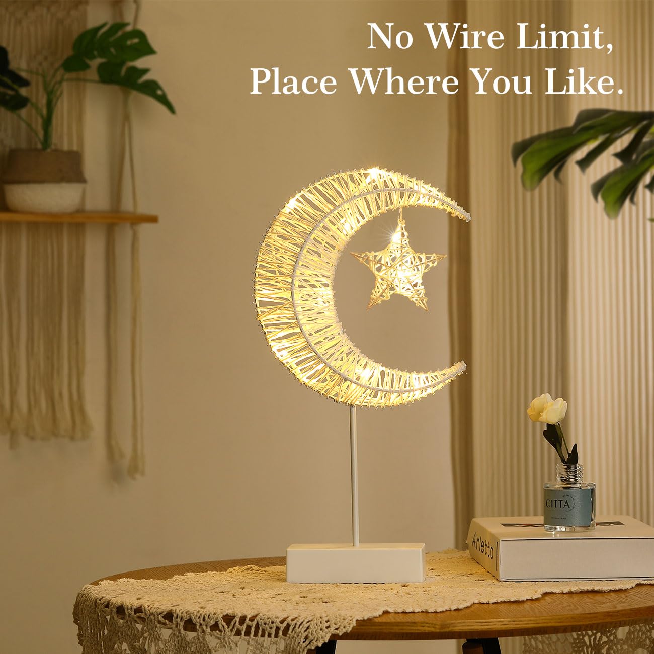 Lewondr Decorative Table Lamp, Christmas Moon Star Ramadan Desk Lamp Battery Powered Warm Led Crescent Light For Xmas Home Bedroom Bedside Desktop Nightstand Decoration, White